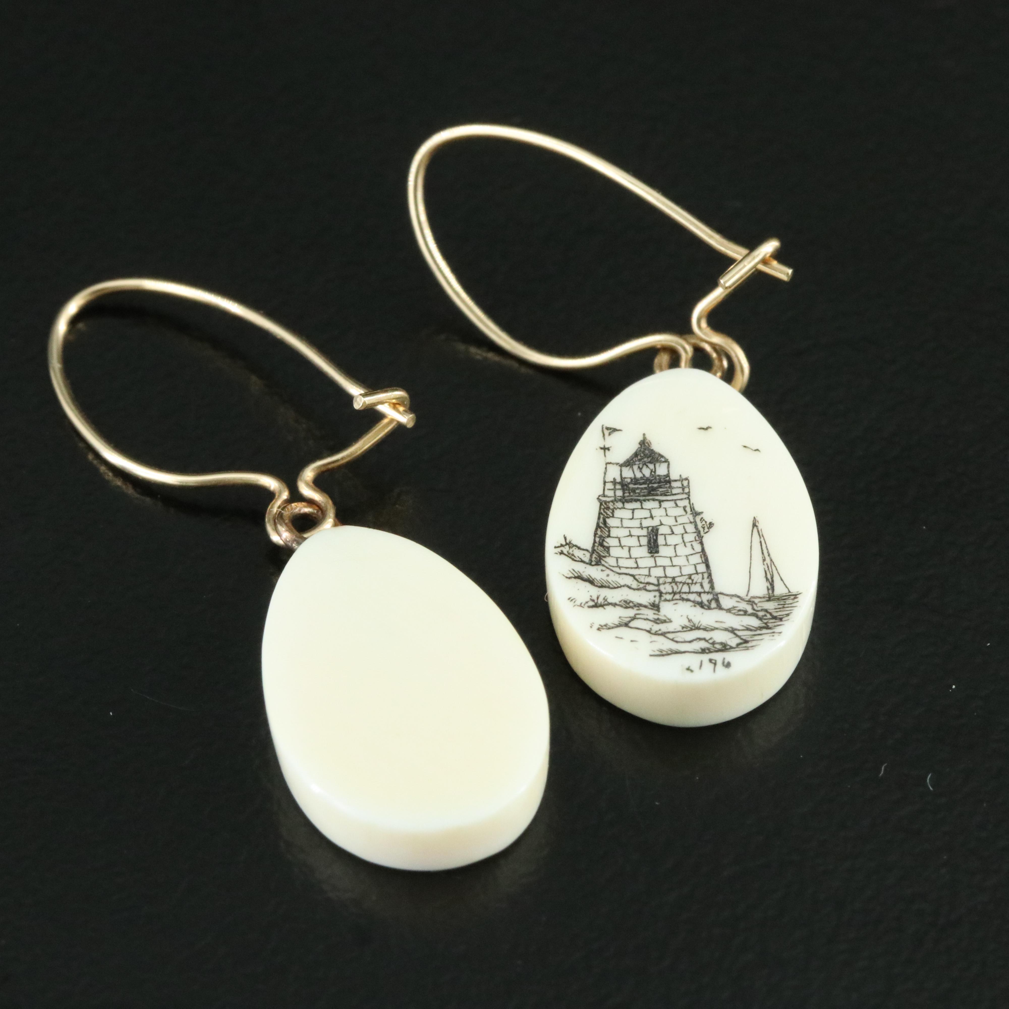 14K Signed Scrimshaw Earrings