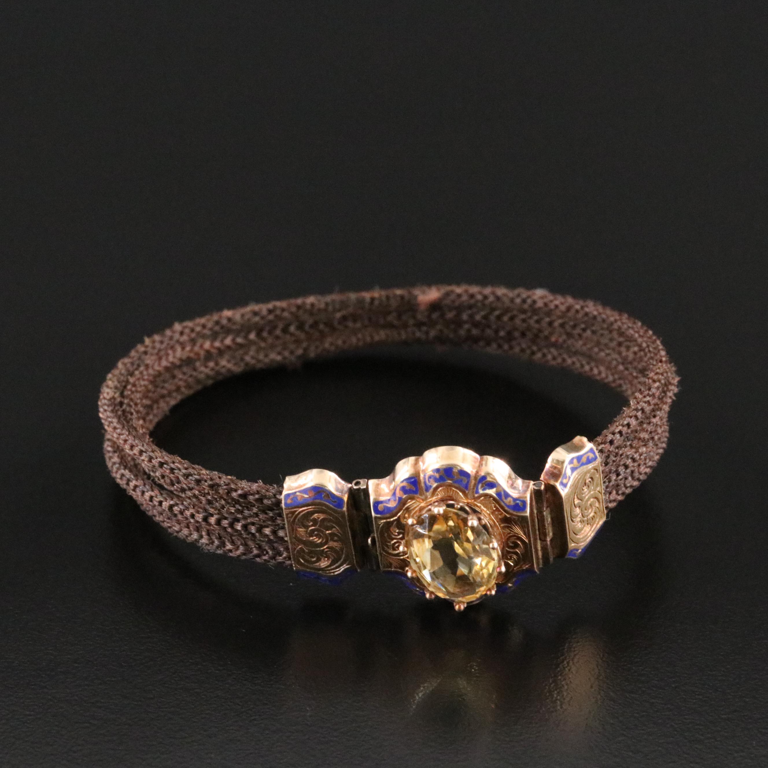 Victorian Citrine and Enamel Hair Work Bracelet