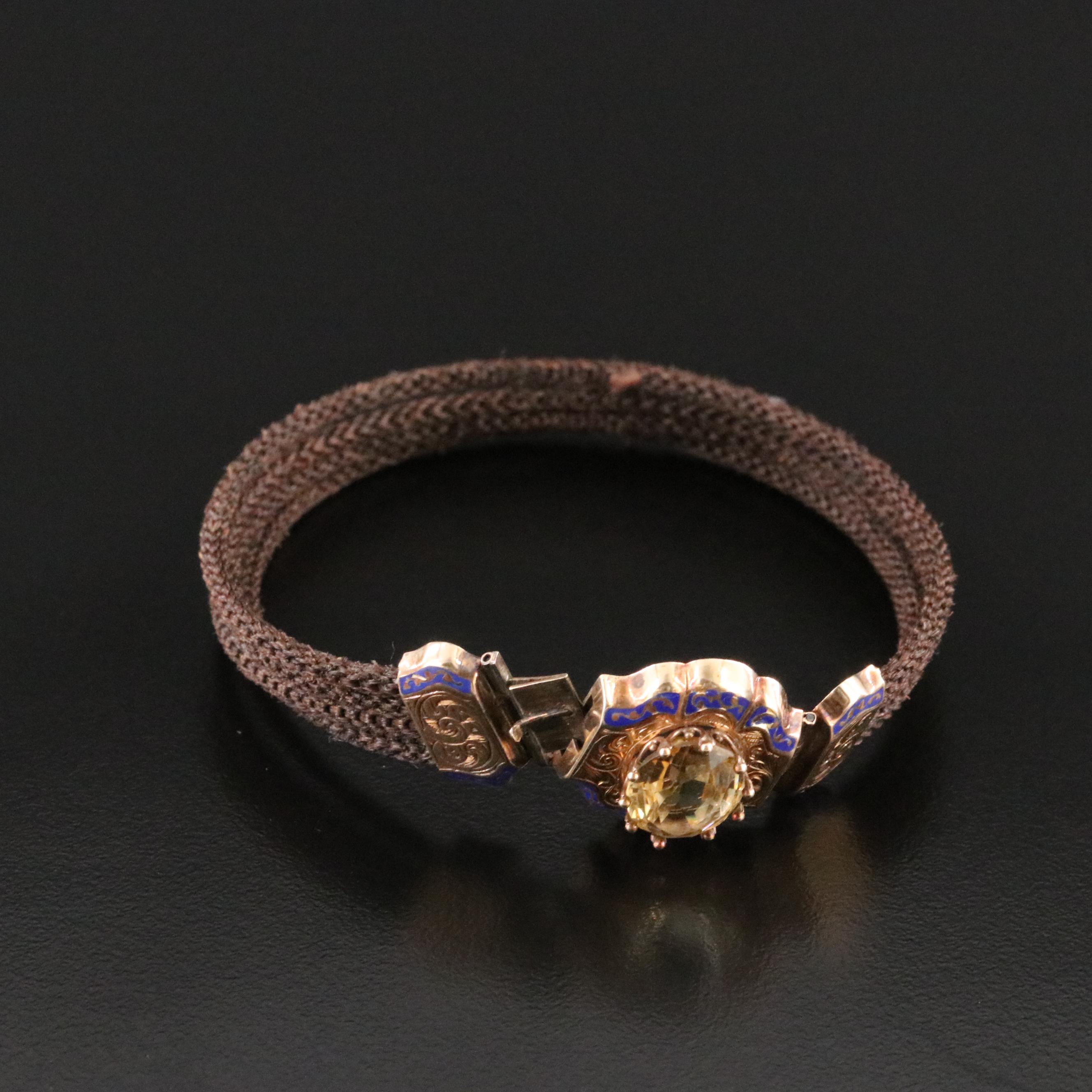 Victorian Citrine and Enamel Hair Work Bracelet