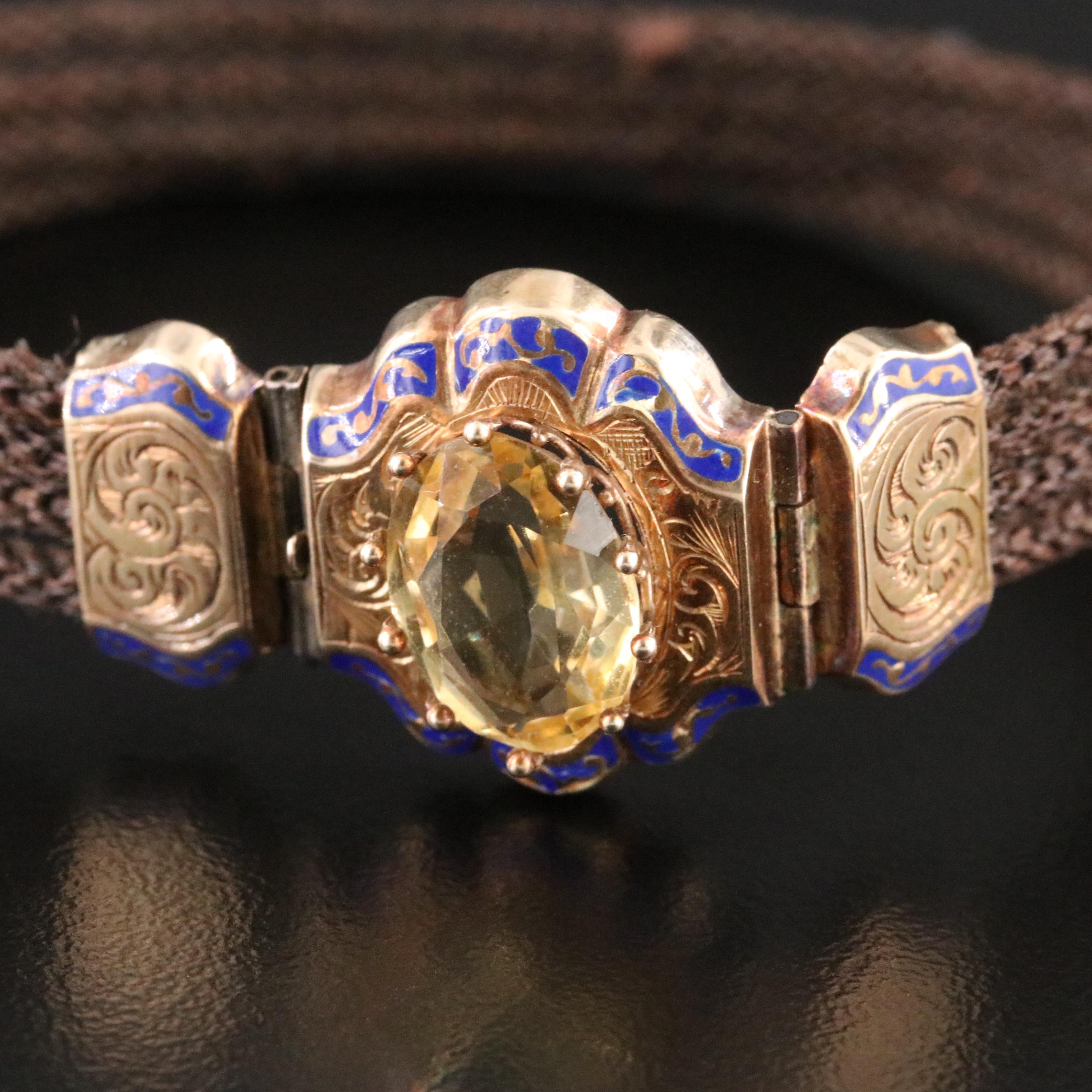 Victorian Citrine and Enamel Hair Work Bracelet