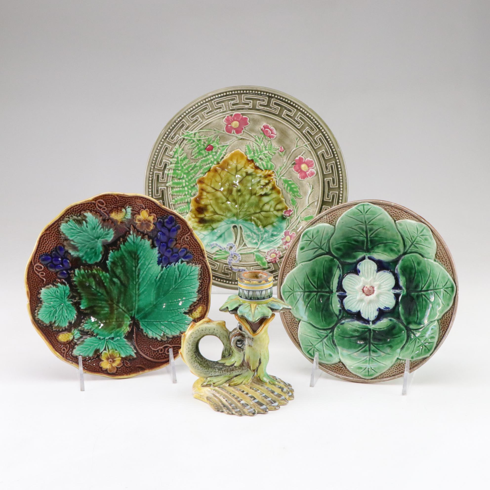 H. Boulenger & Cie Majolica Plates & Candle Holder