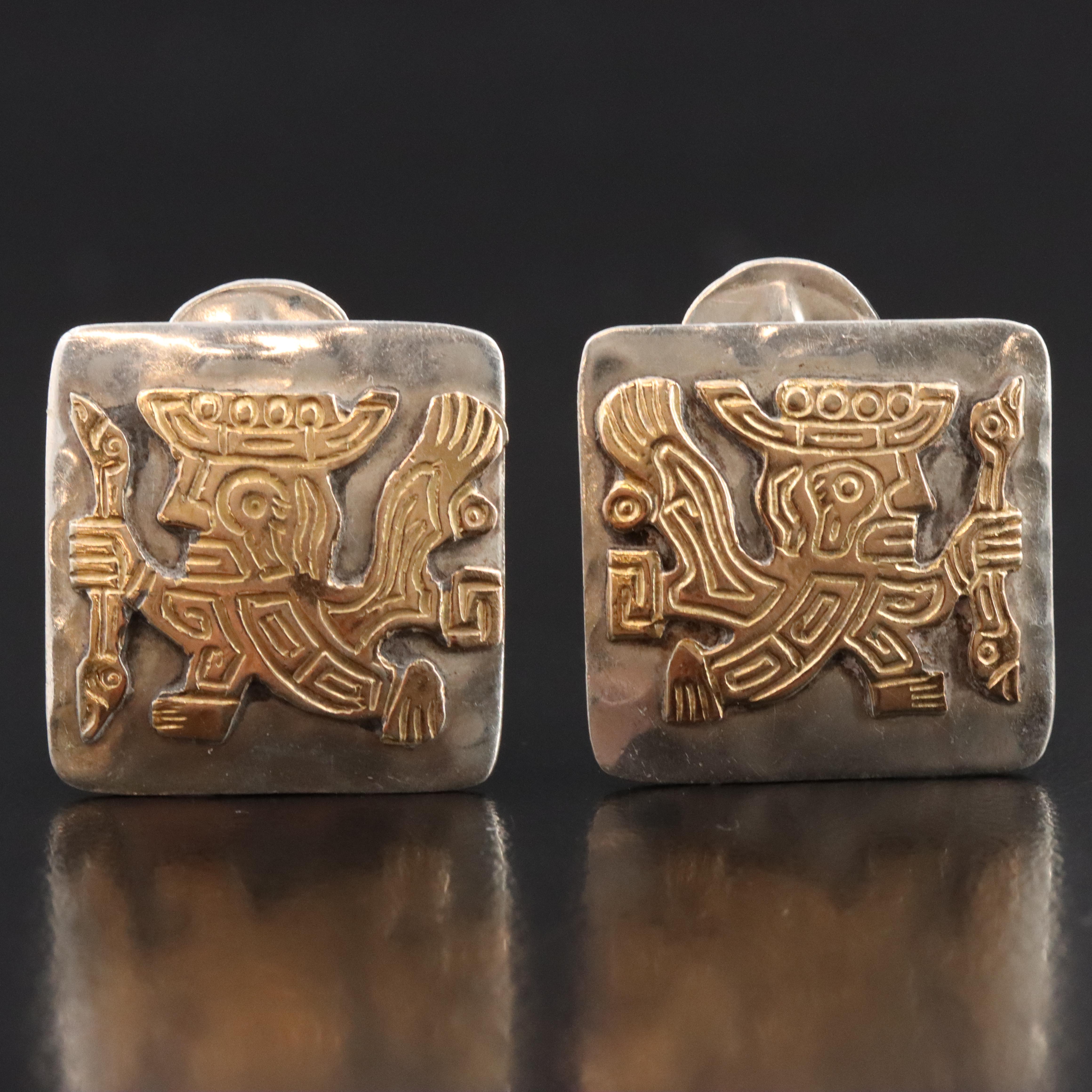 Mesoamerican 950 Silver Clip Earrings with 18K Accents