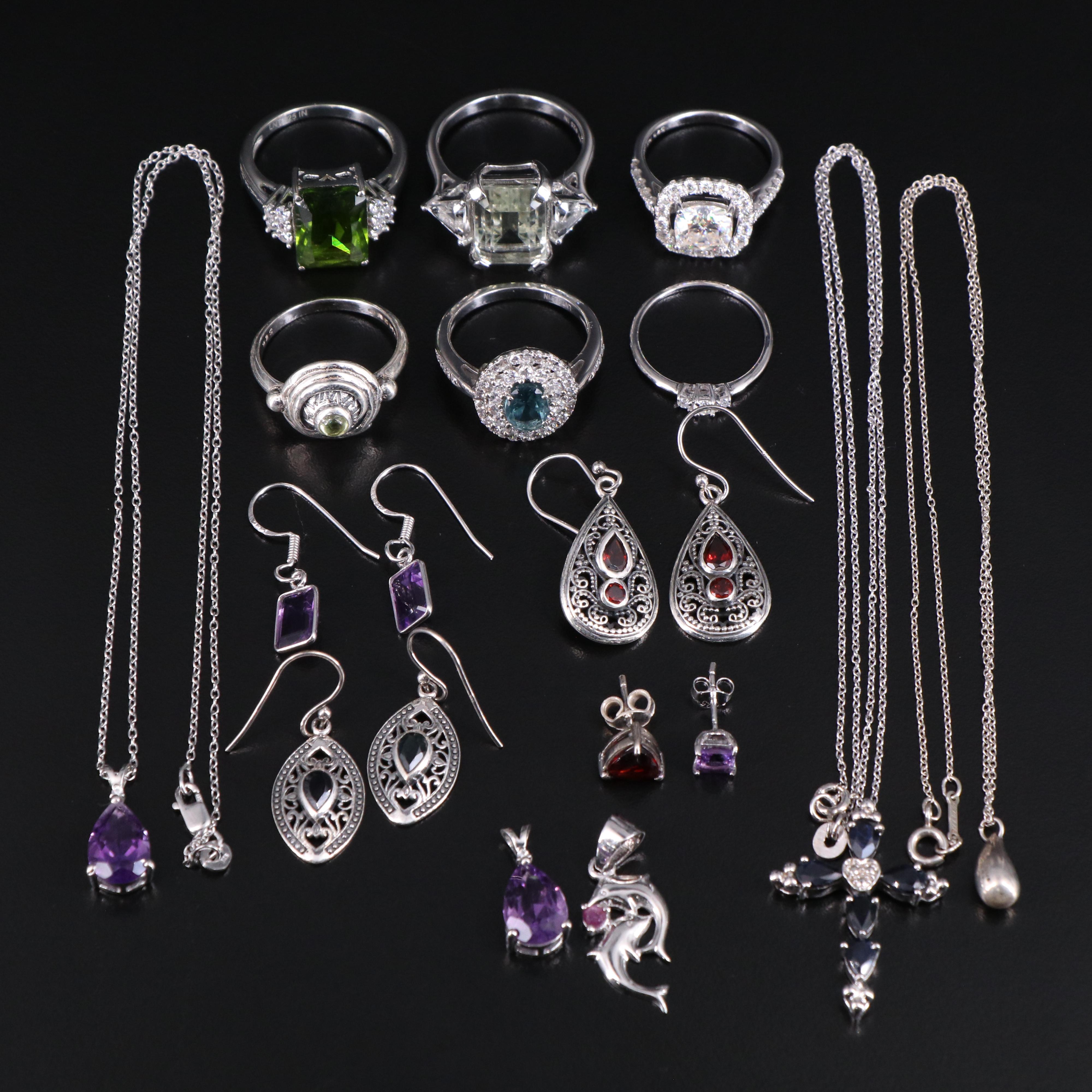 14 Assorted Sterling Silver Rings, Necklaces, Earrings, and Pendants