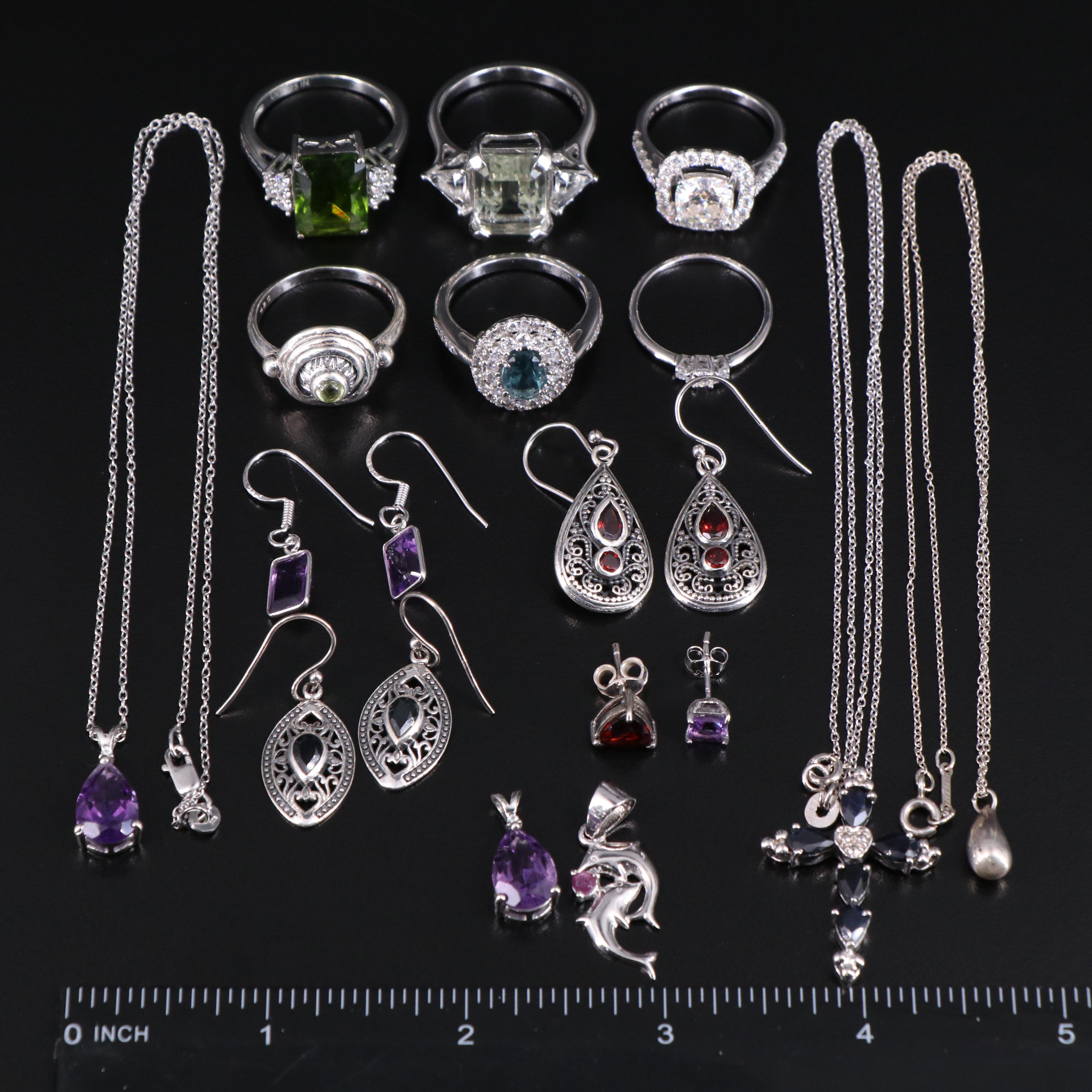 14 Assorted Sterling Silver Rings, Necklaces, Earrings, and Pendants
