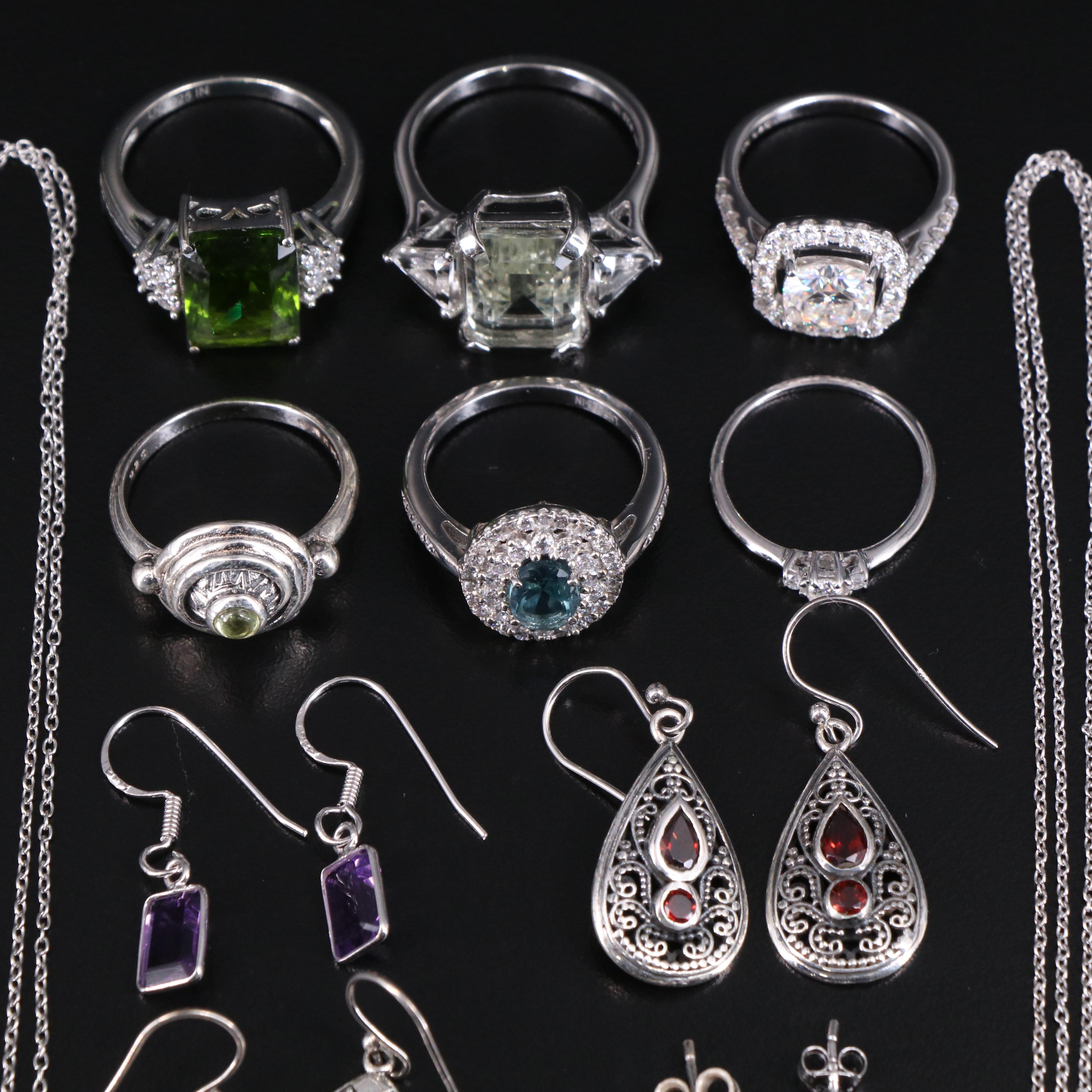 14 Assorted Sterling Silver Rings, Necklaces, Earrings, and Pendants