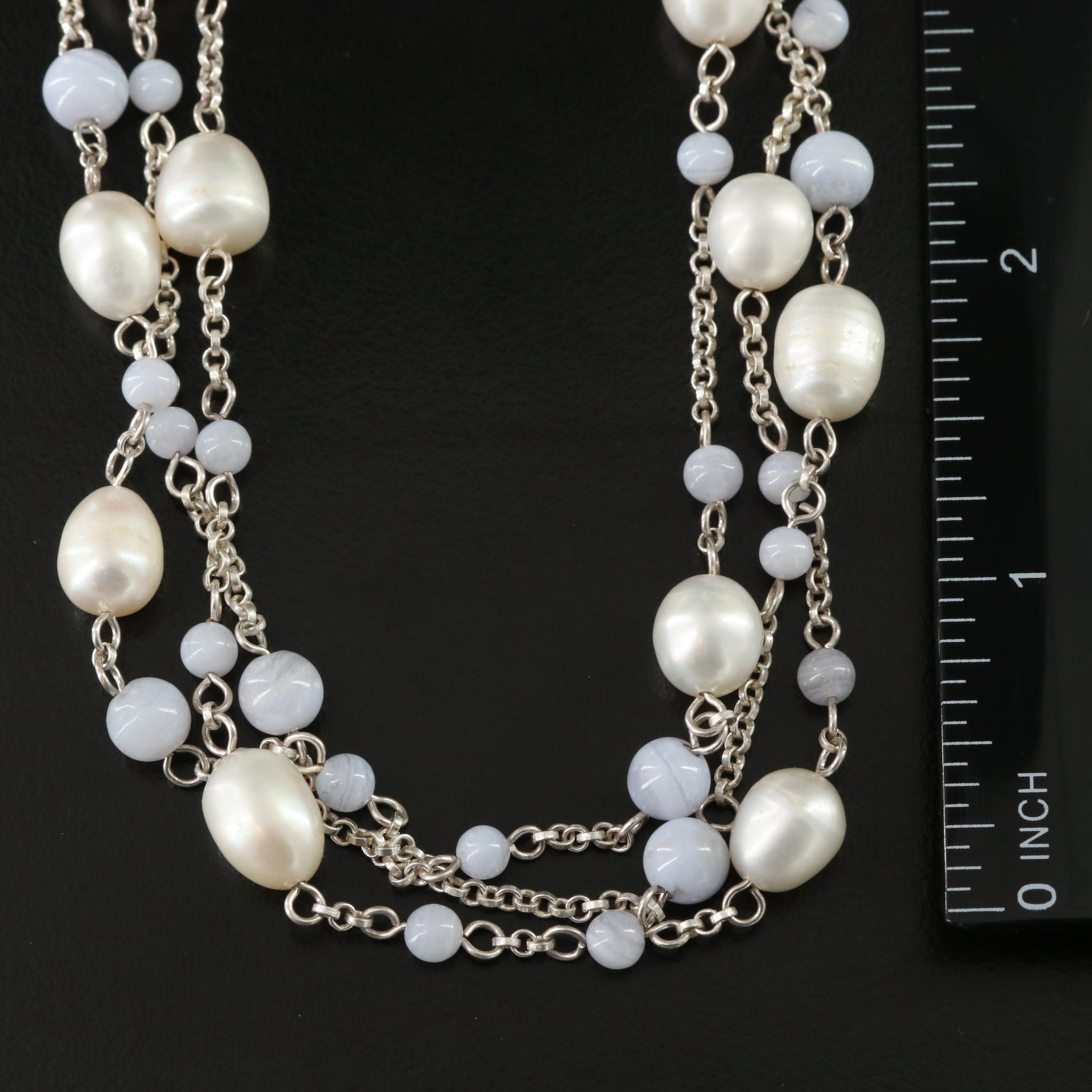 Sterling Pearl and Blue Lace Agate Necklace