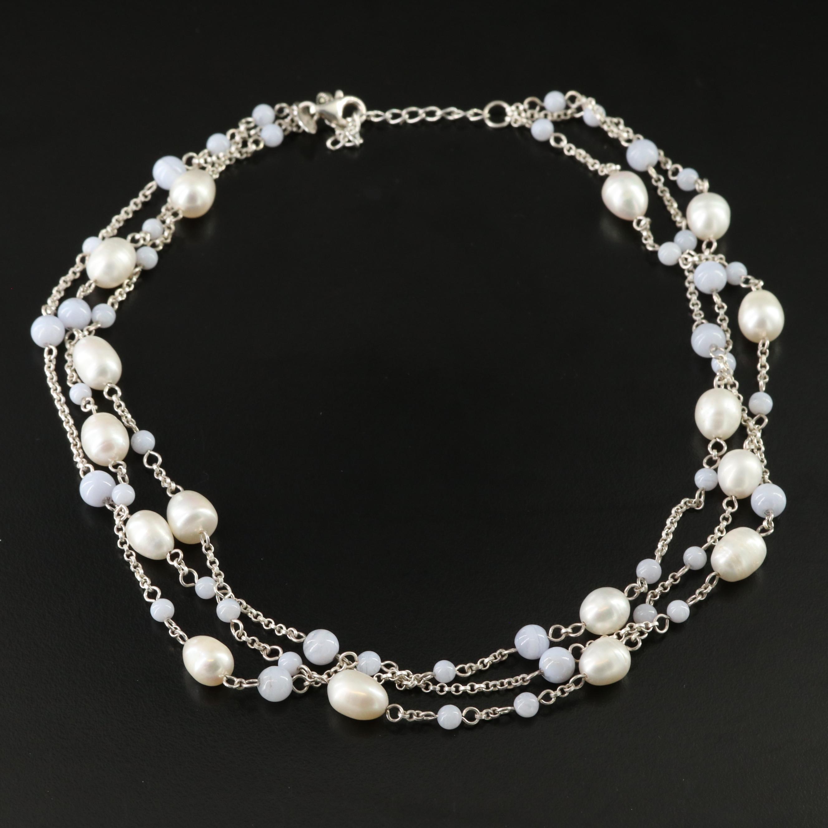 Sterling Pearl and Blue Lace Agate Necklace