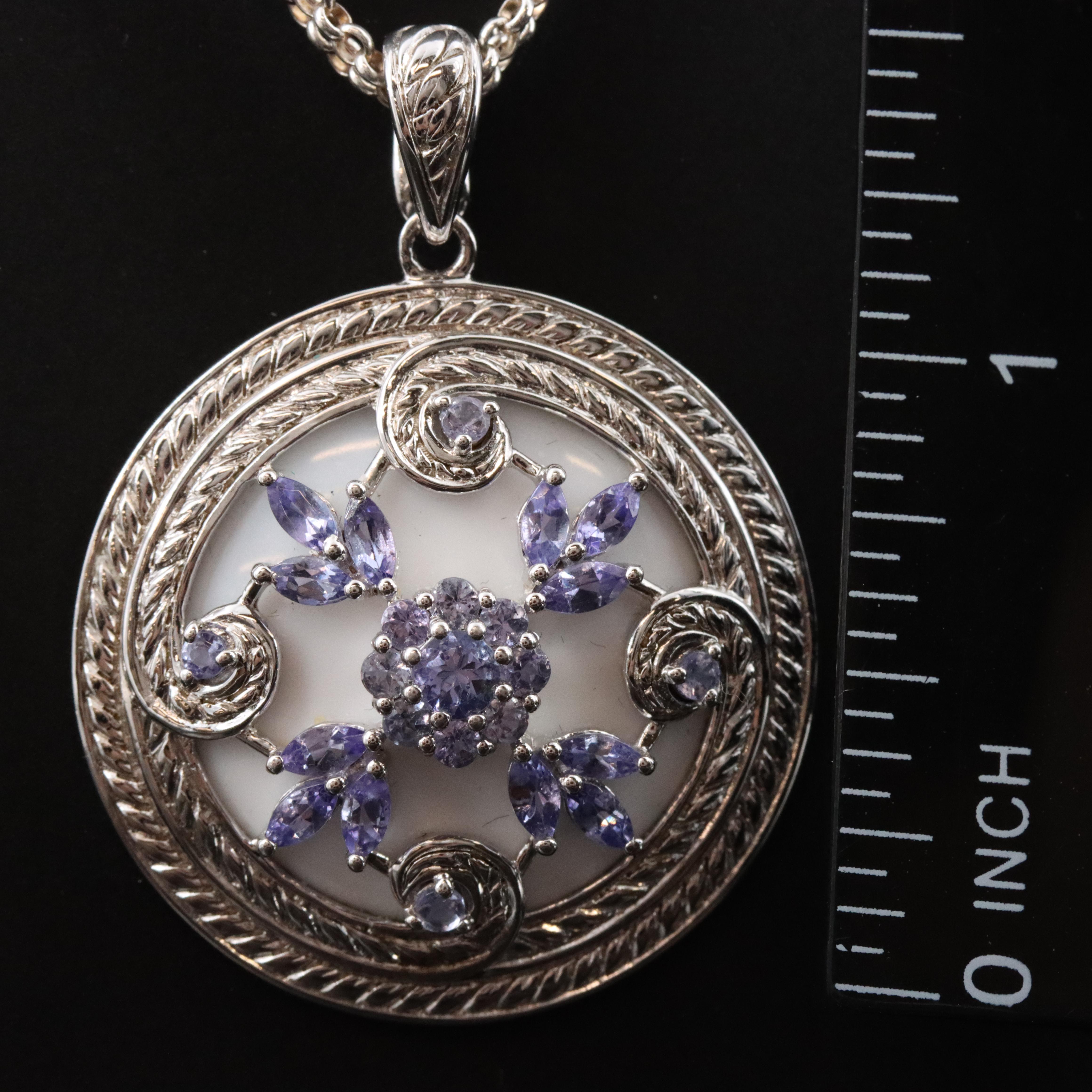 Sterling Agate and Tanzanite Floral Pendant Necklace