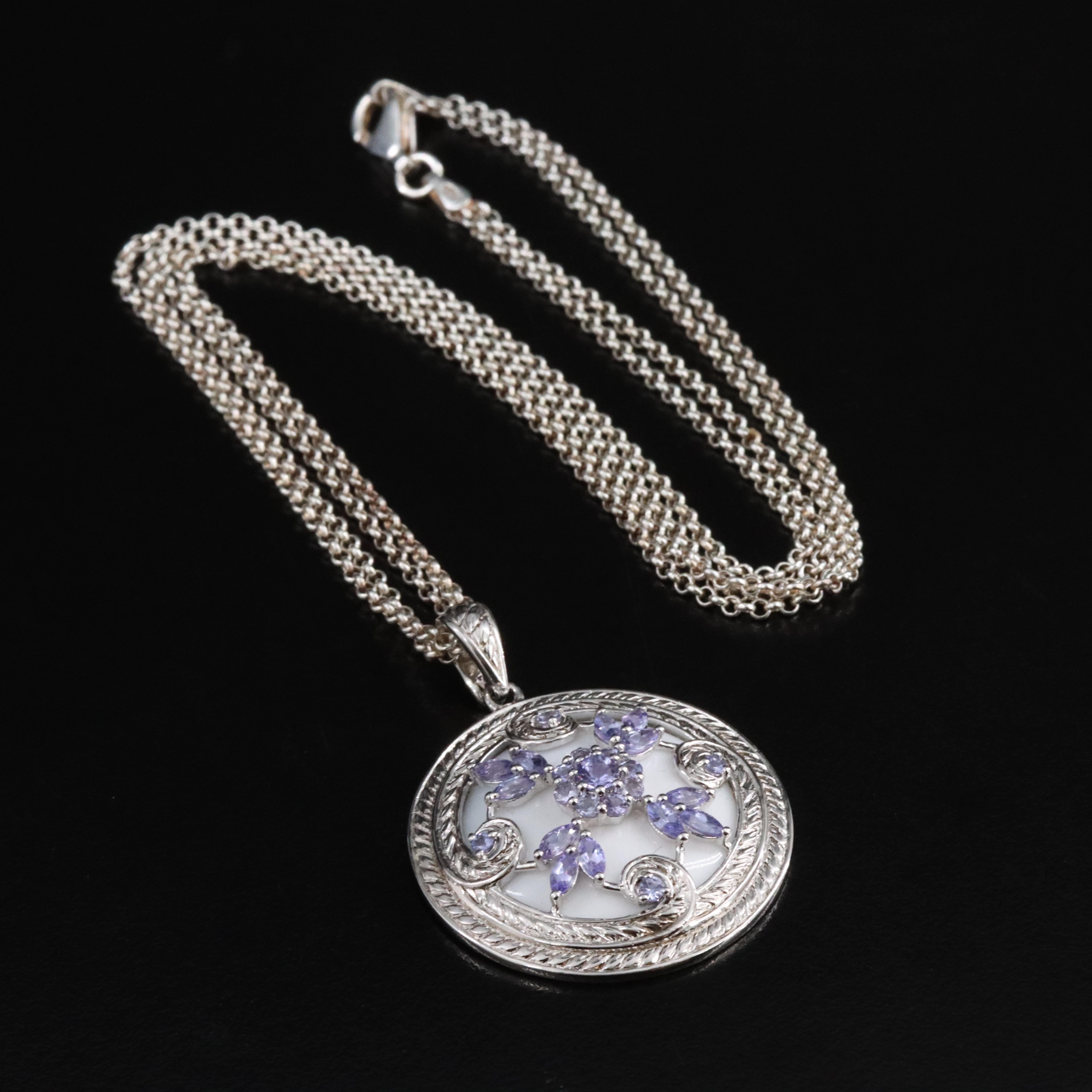 Sterling Agate and Tanzanite Floral Pendant Necklace