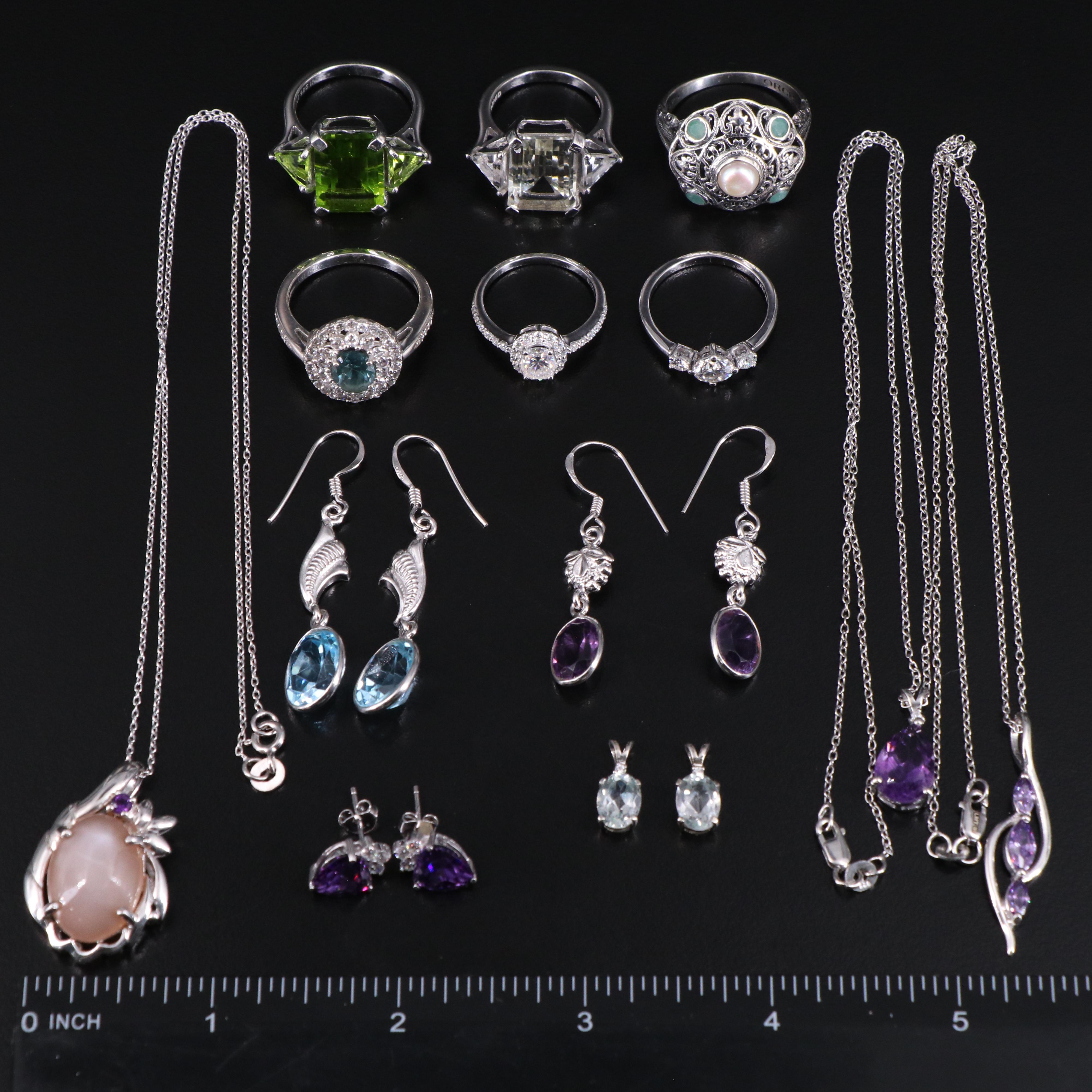 14 Assorted Sterling Silver Rings, Necklaces, Earrings, and Pendants