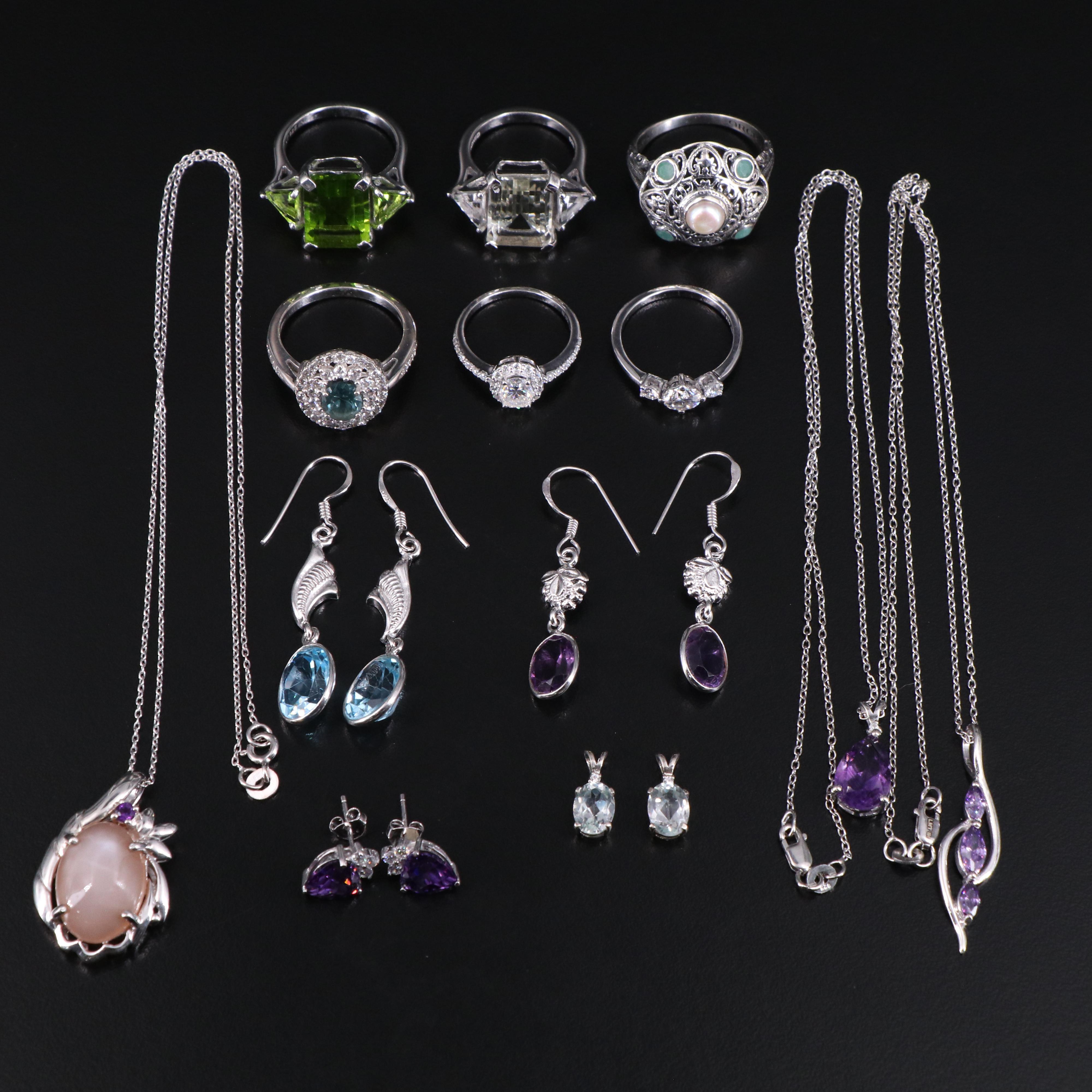 14 Assorted Sterling Silver Rings, Necklaces, Earrings, and Pendants