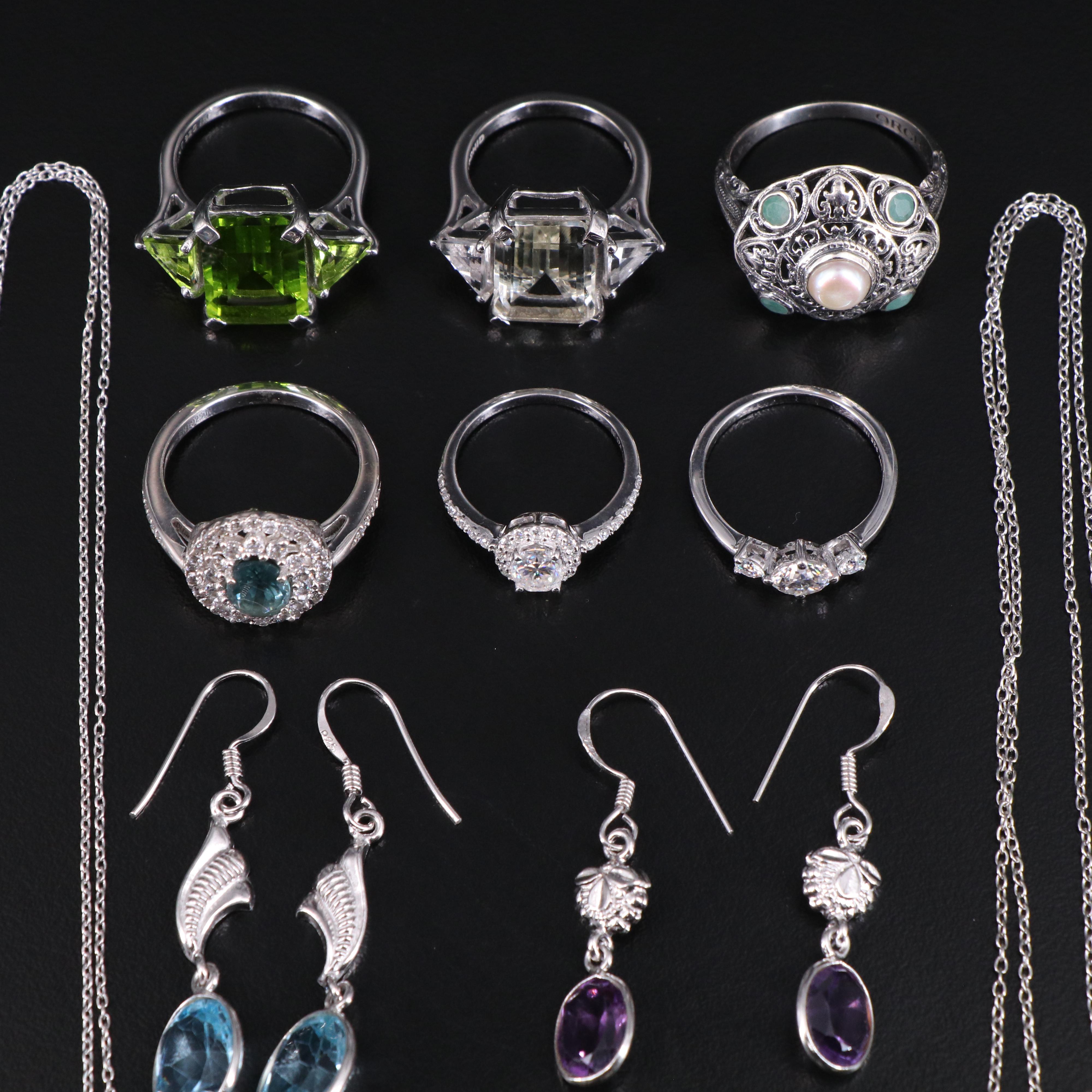 14 Assorted Sterling Silver Rings, Necklaces, Earrings, and Pendants