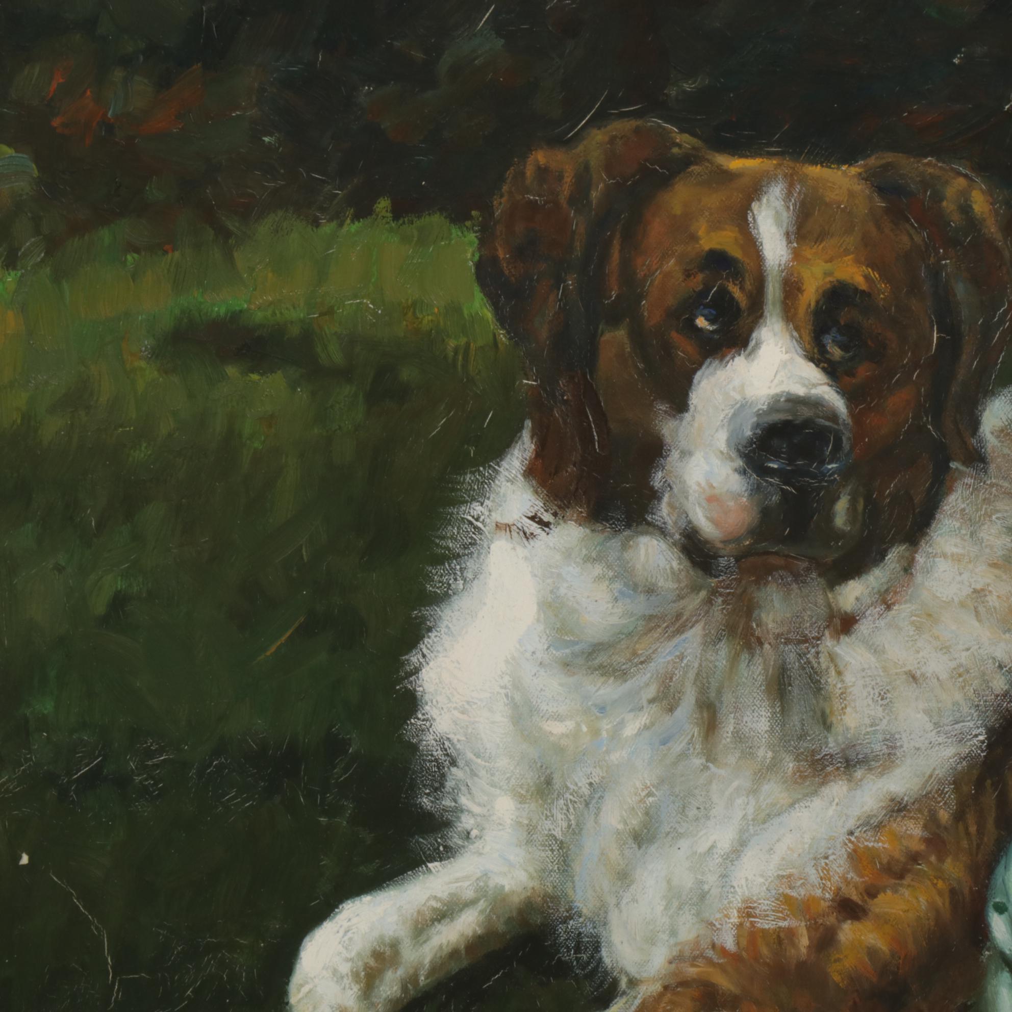 Genre Oil Painting of Young Woman with St. Bernard, Late 20th Century