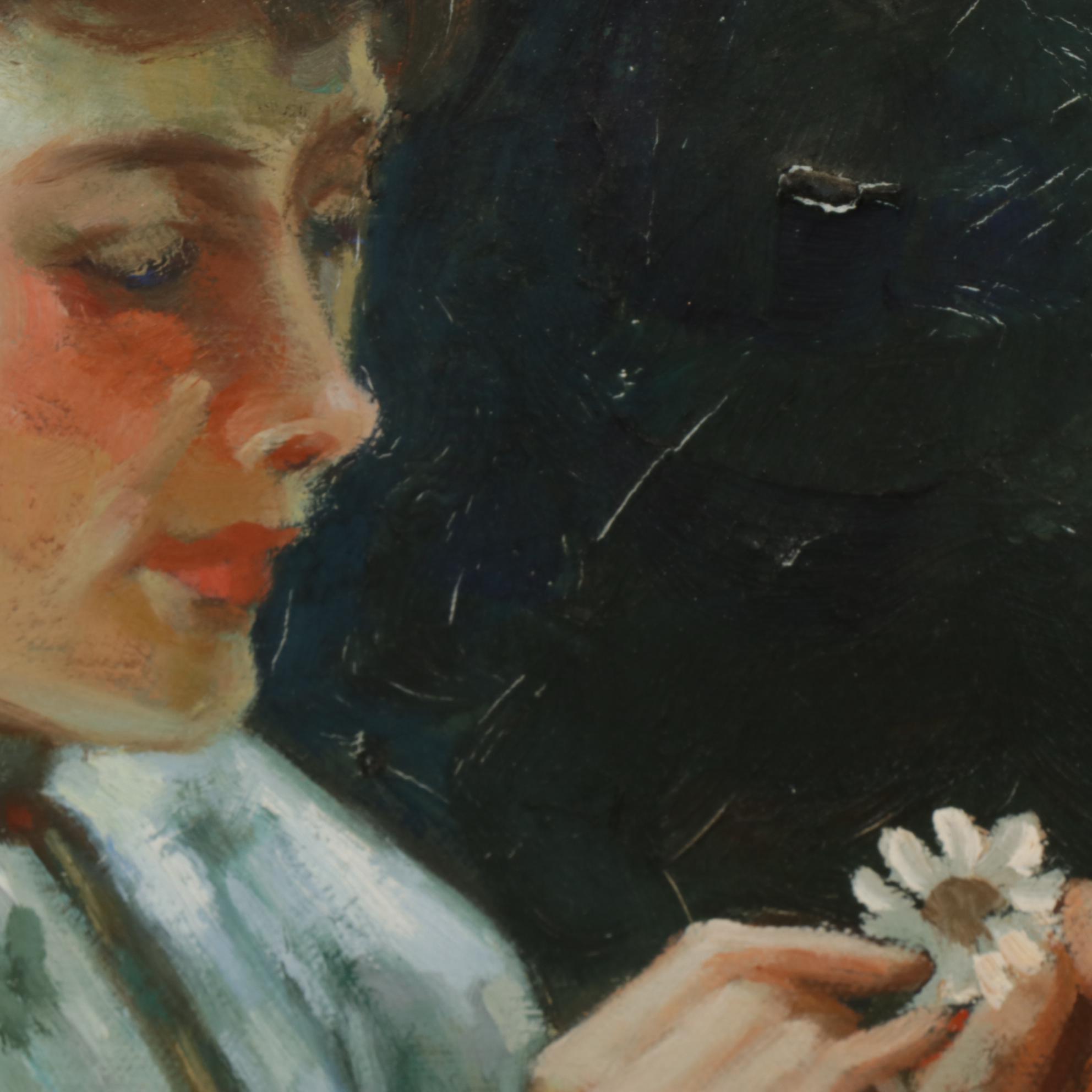 Genre Oil Painting of Young Woman with St. Bernard, Late 20th Century