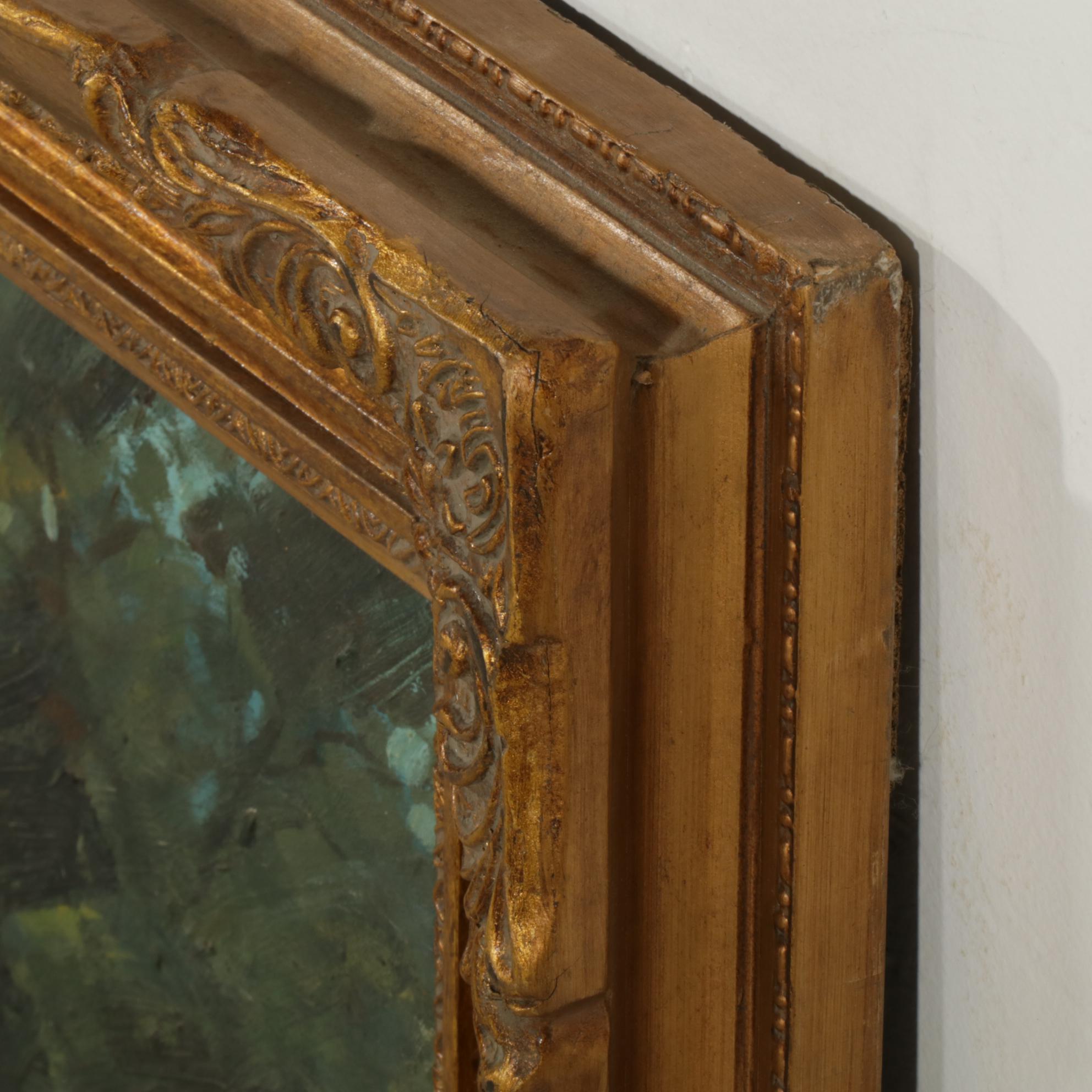 Genre Oil Painting of Young Woman with St. Bernard, Late 20th Century