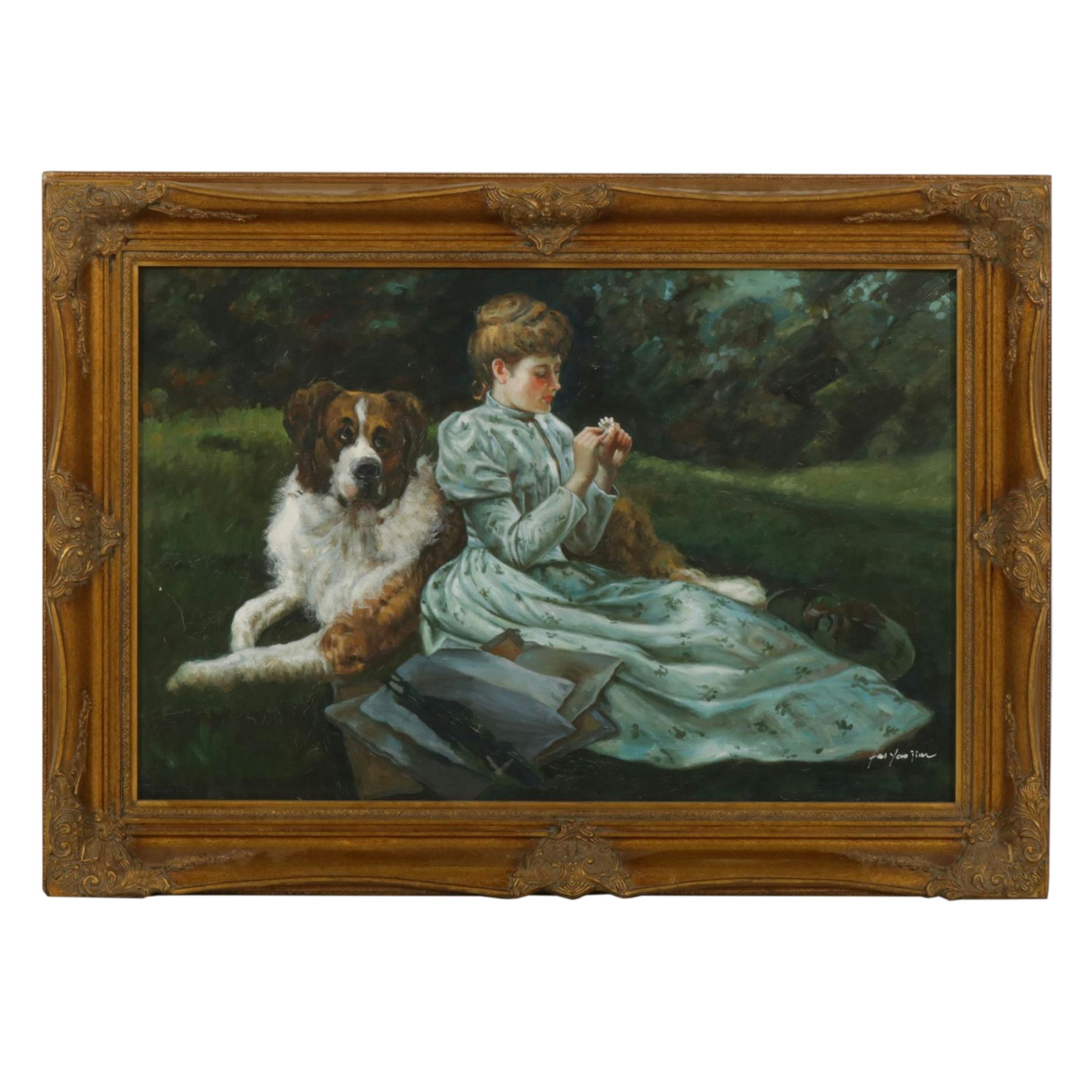 Genre Oil Painting of Young Woman with St. Bernard, Late 20th Century
