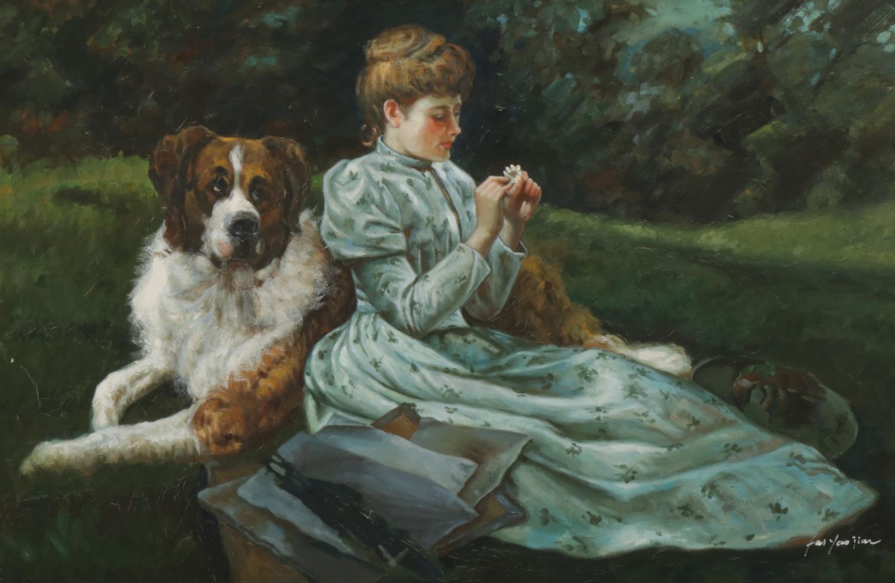 Genre Oil Painting of Young Woman with St. Bernard, Late 20th Century