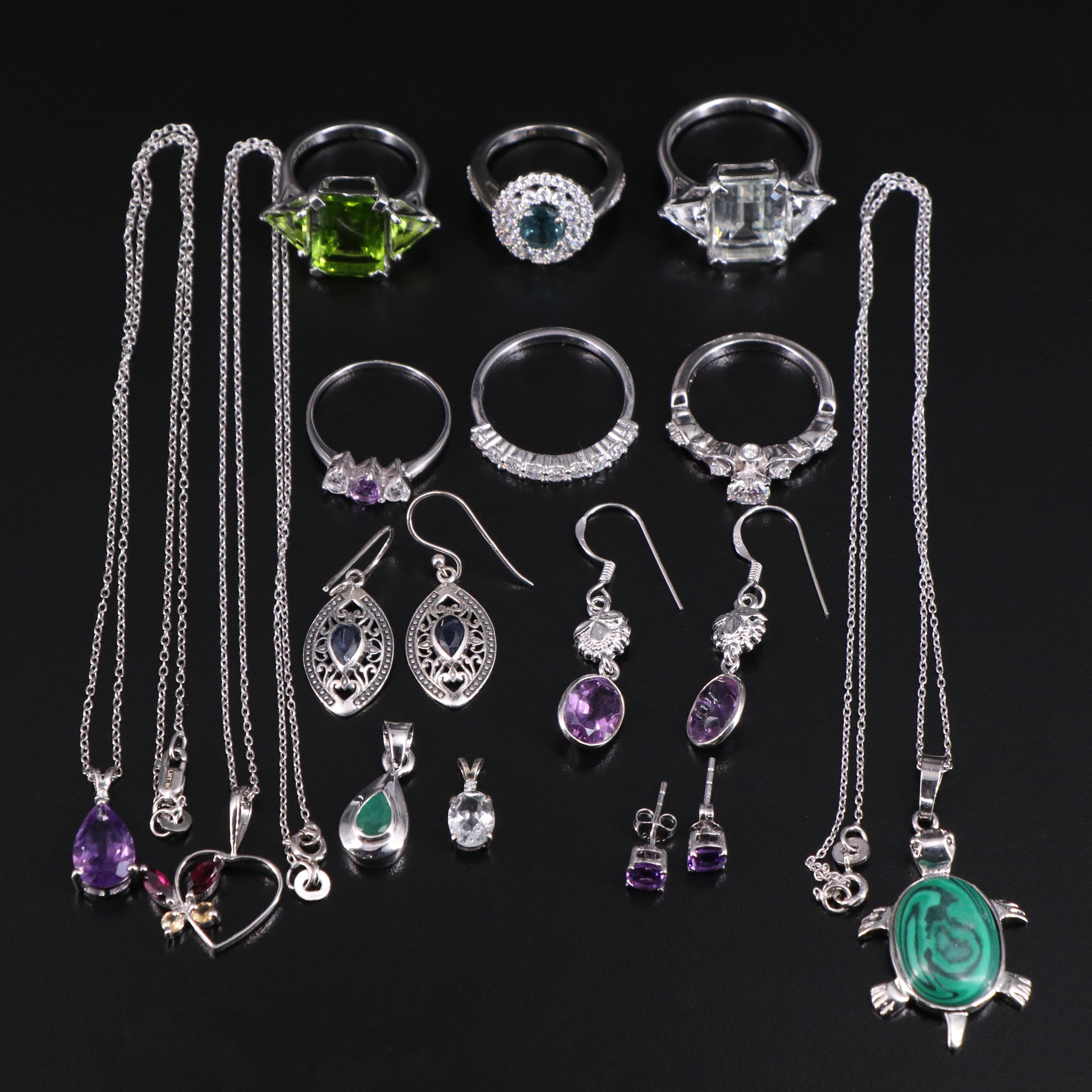 14 Assorted Sterling Silver Rings, Necklaces, Earrings, and Pendants