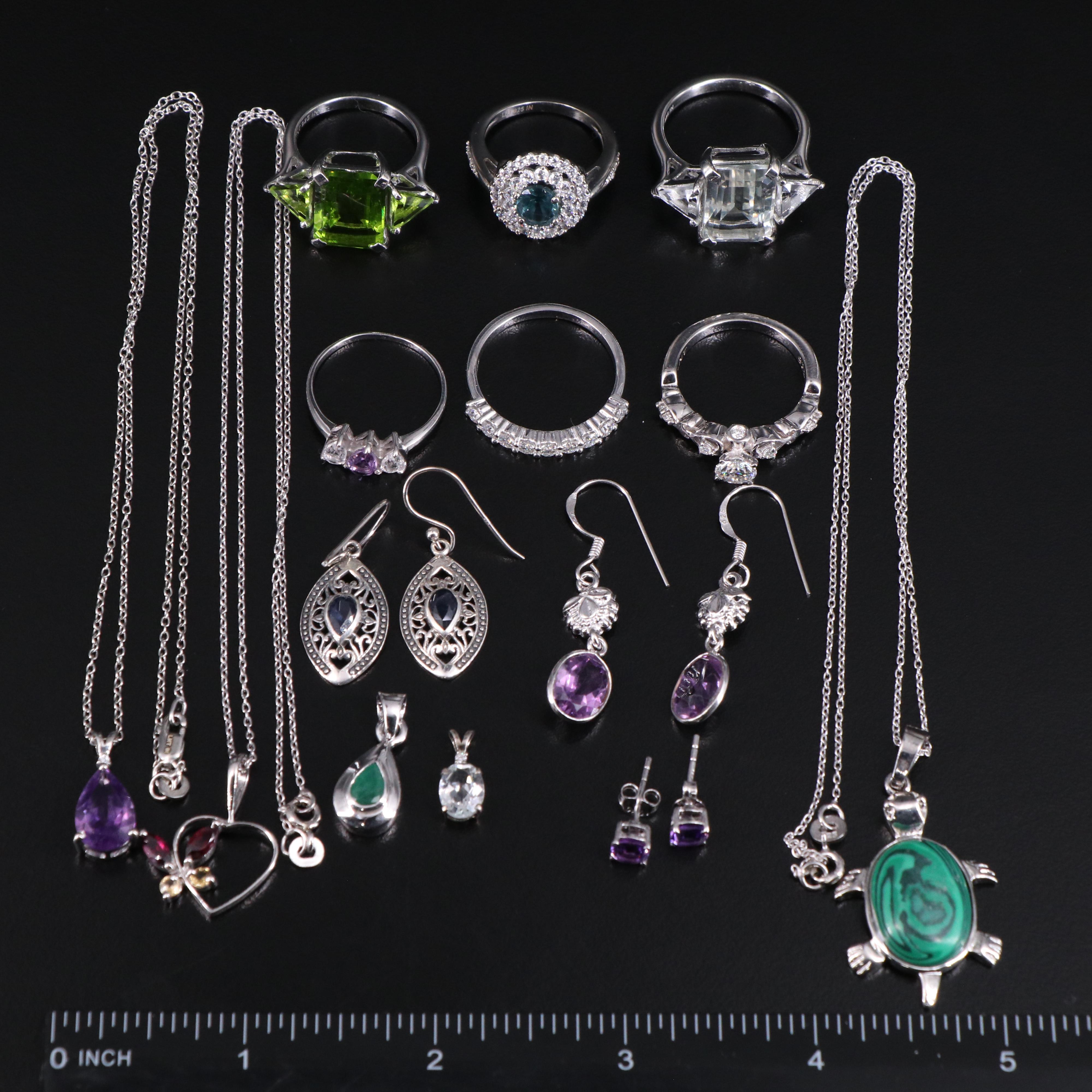 14 Assorted Sterling Silver Rings, Necklaces, Earrings, and Pendants