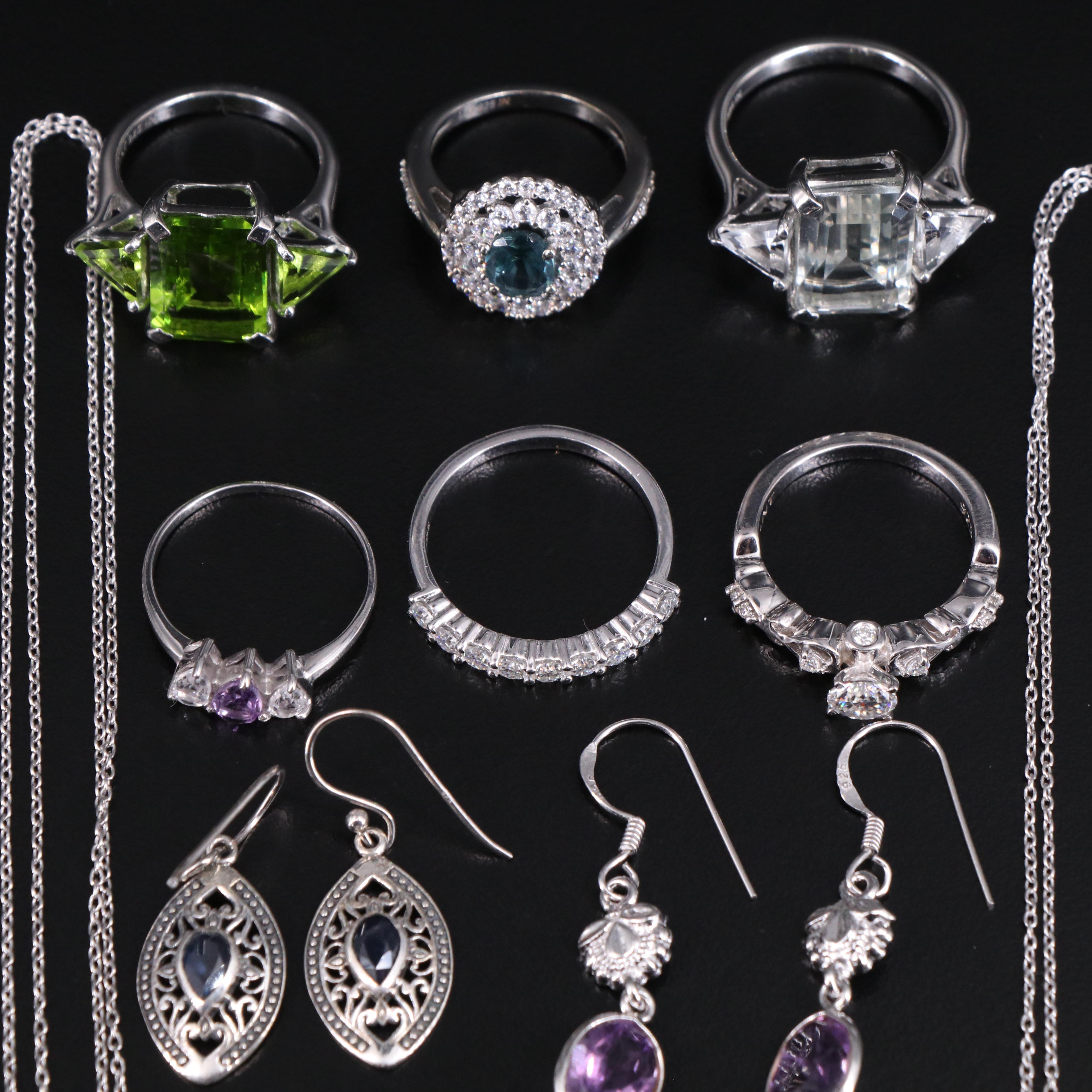 14 Assorted Sterling Silver Rings, Necklaces, Earrings, and Pendants