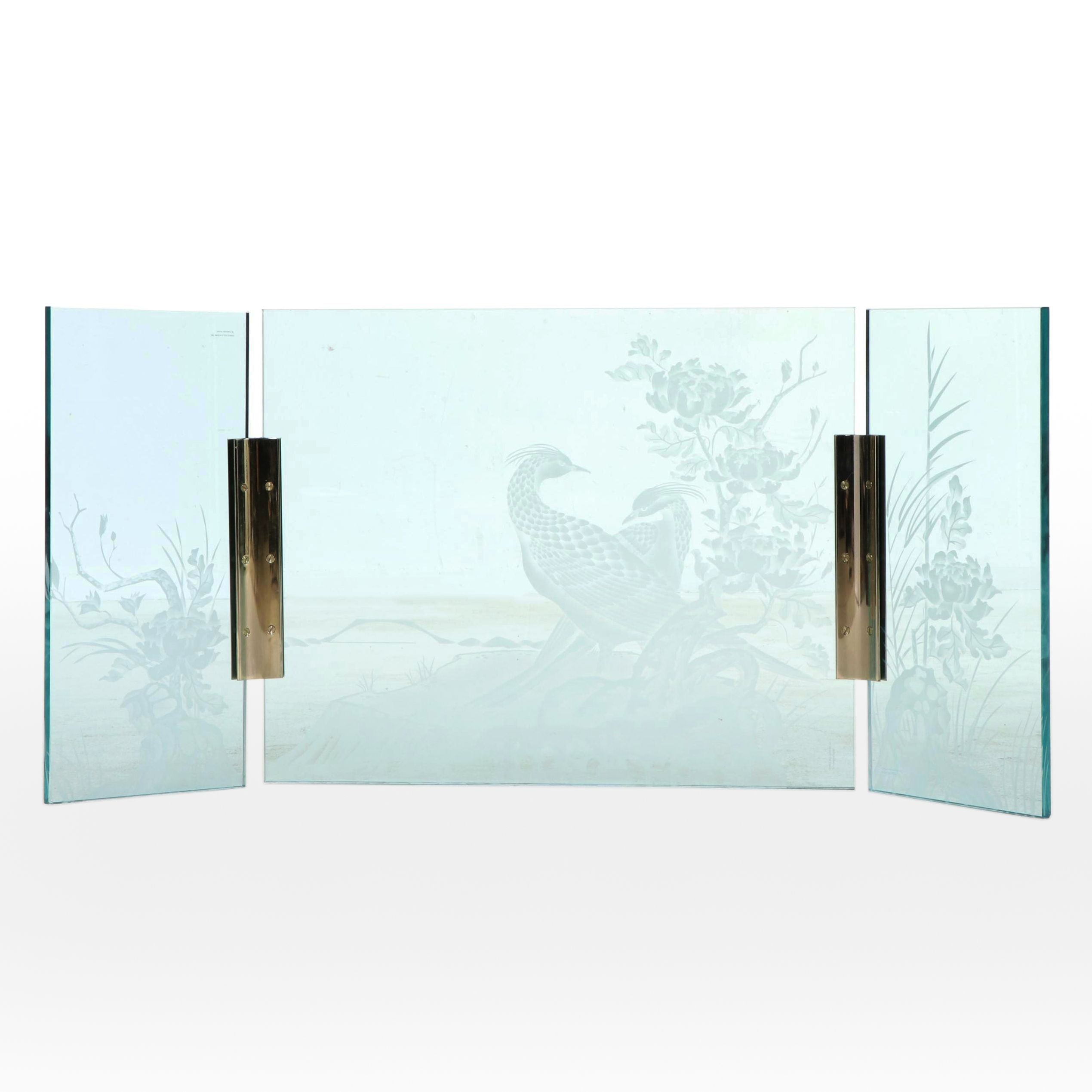 Bolae Co. Acid-Etched Glass Fireplace Screen with Chinese Bird and Floral Motifs