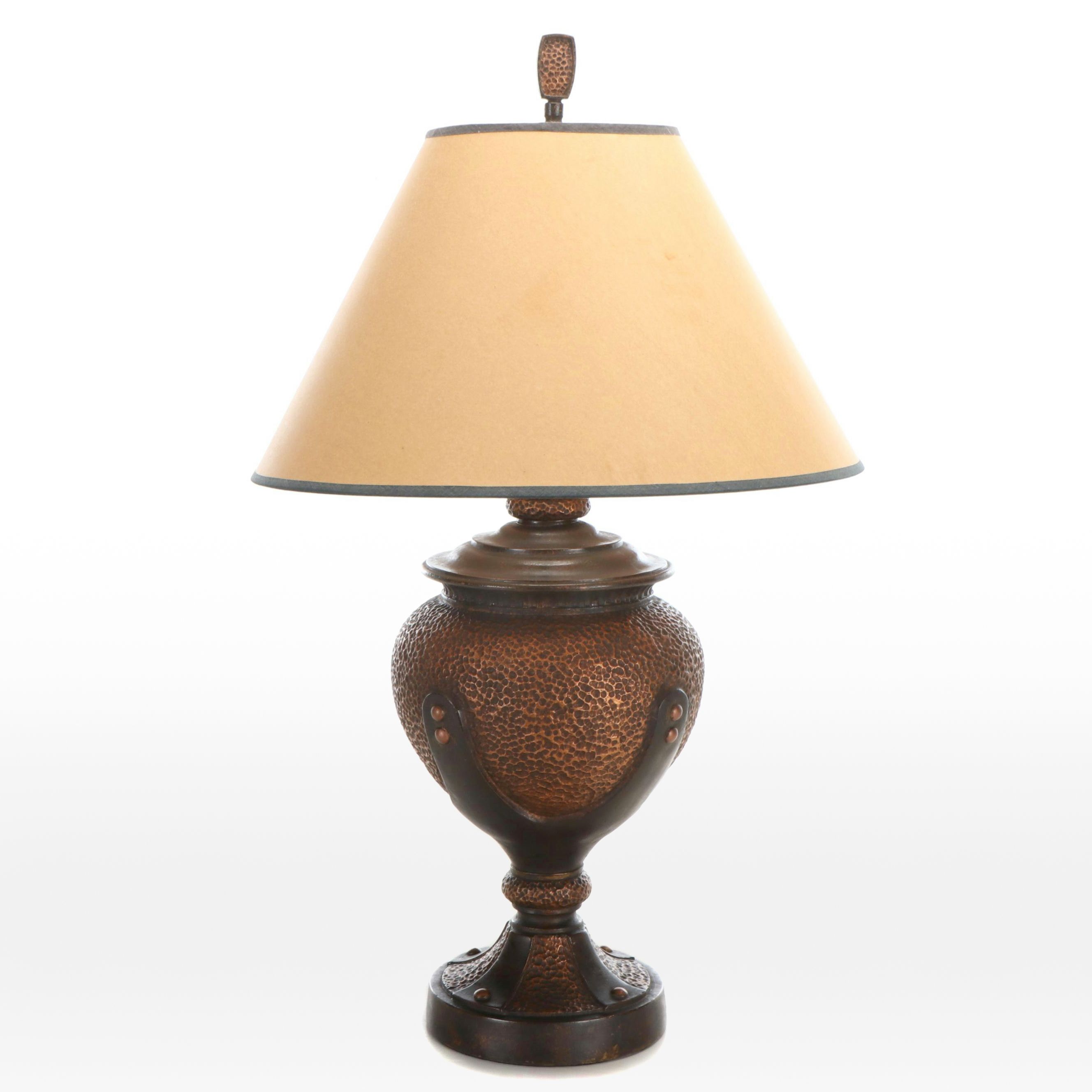 Hammered Copper Vessel Table Lamp with Brown Paper Shade, 1999