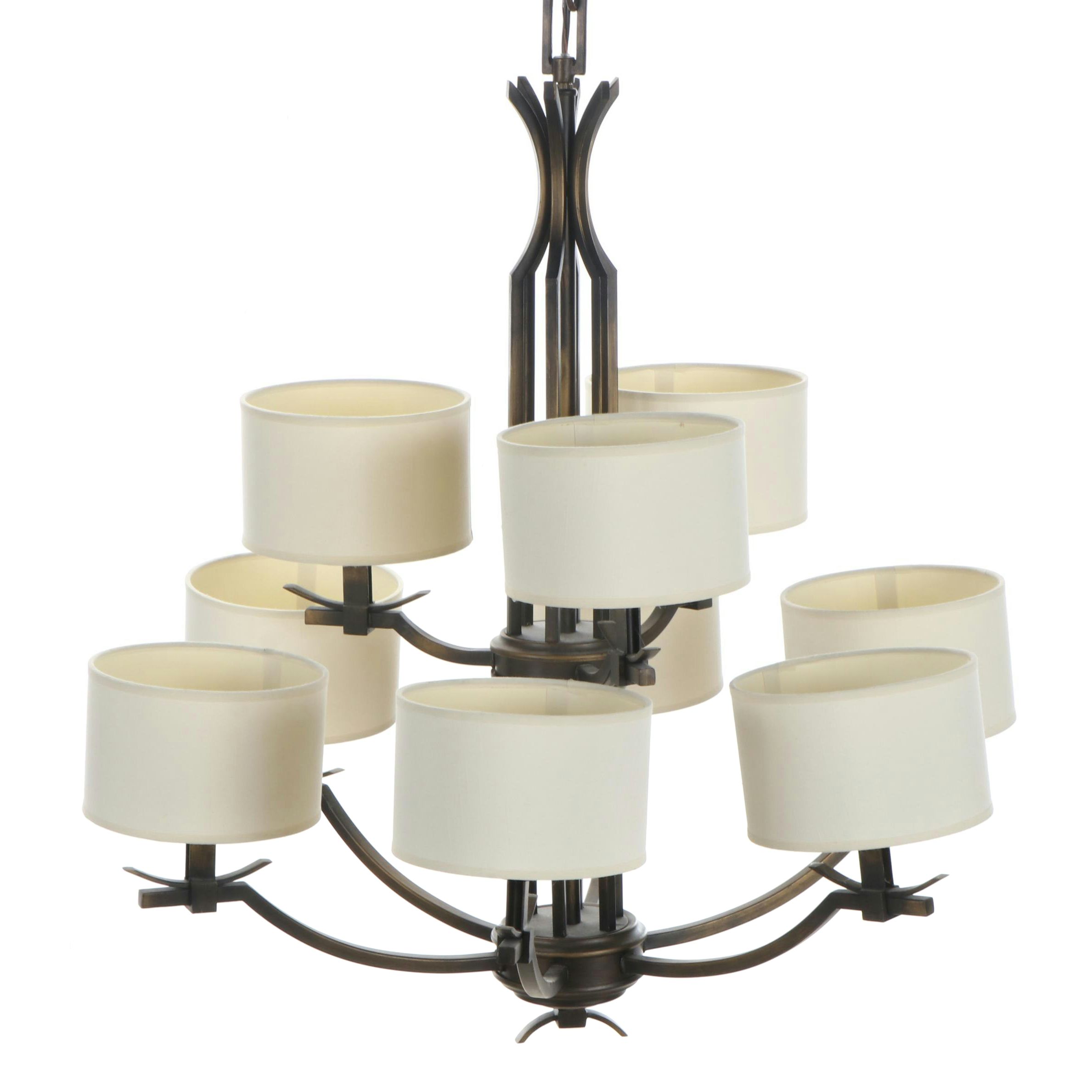 Oil Rubbed Bronze Nine-Arm Double Tier Chandelier with Linen Shades