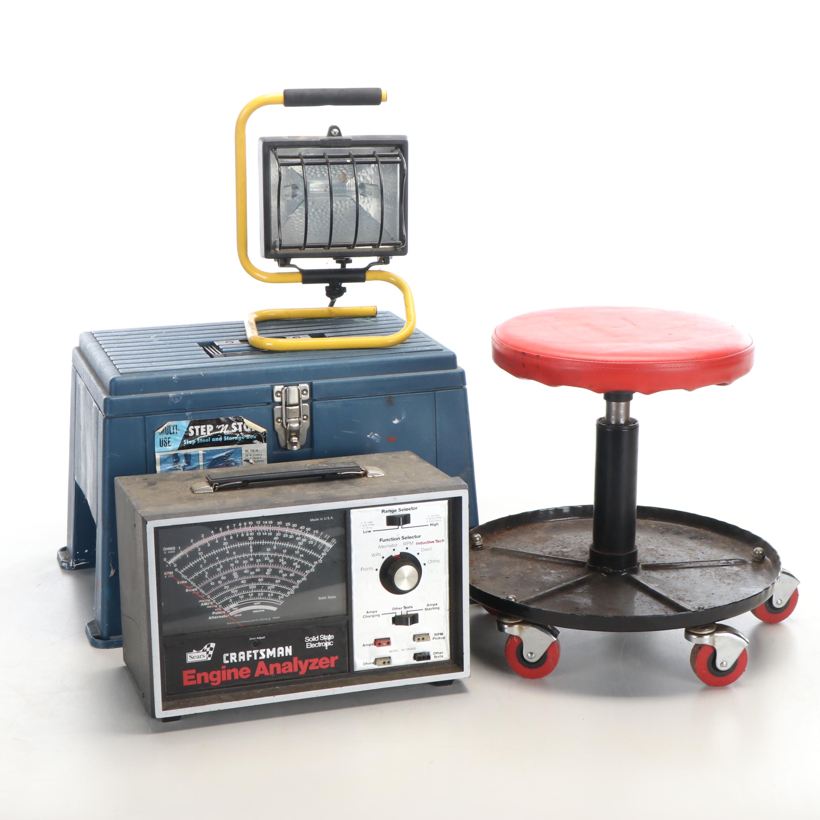 Shop Stool on Casters with Shop Light and Craftsman Engine Analyzer