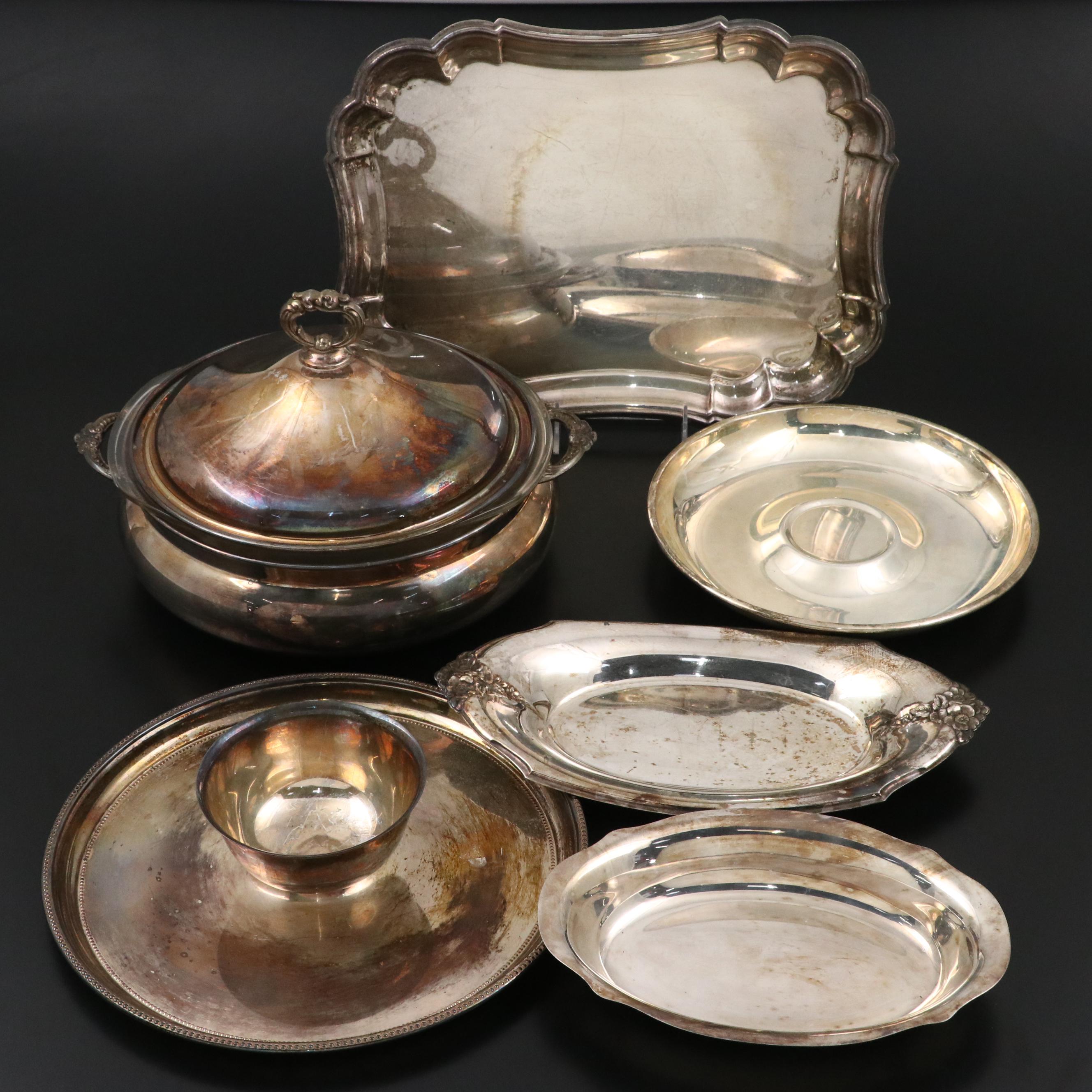 Gorham Silver Plate Celery and "Heritage" Tray with Other Silver Plate Serveware