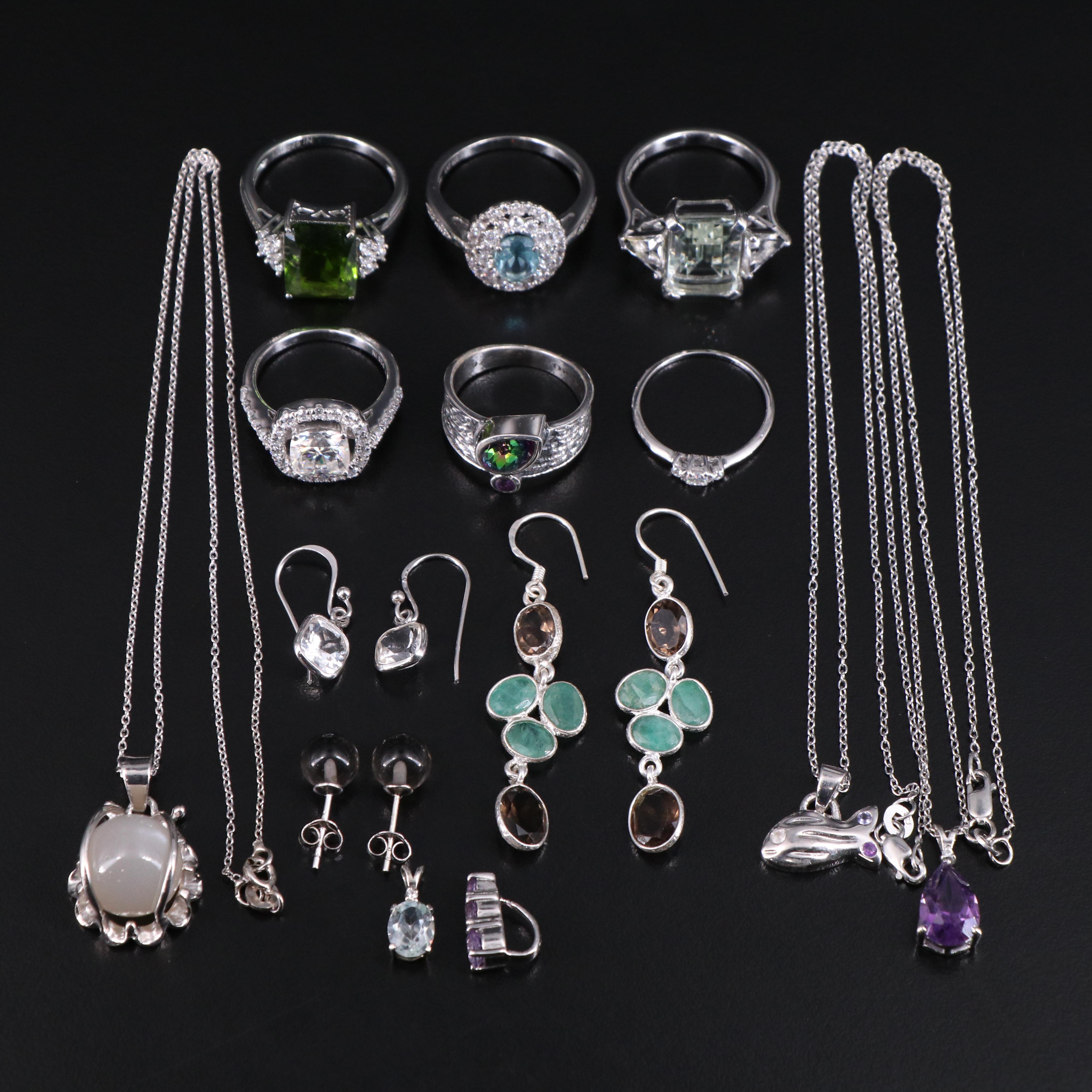 14 Assorted Sterling Silver Rings, Necklaces, Earrings, and Pendants