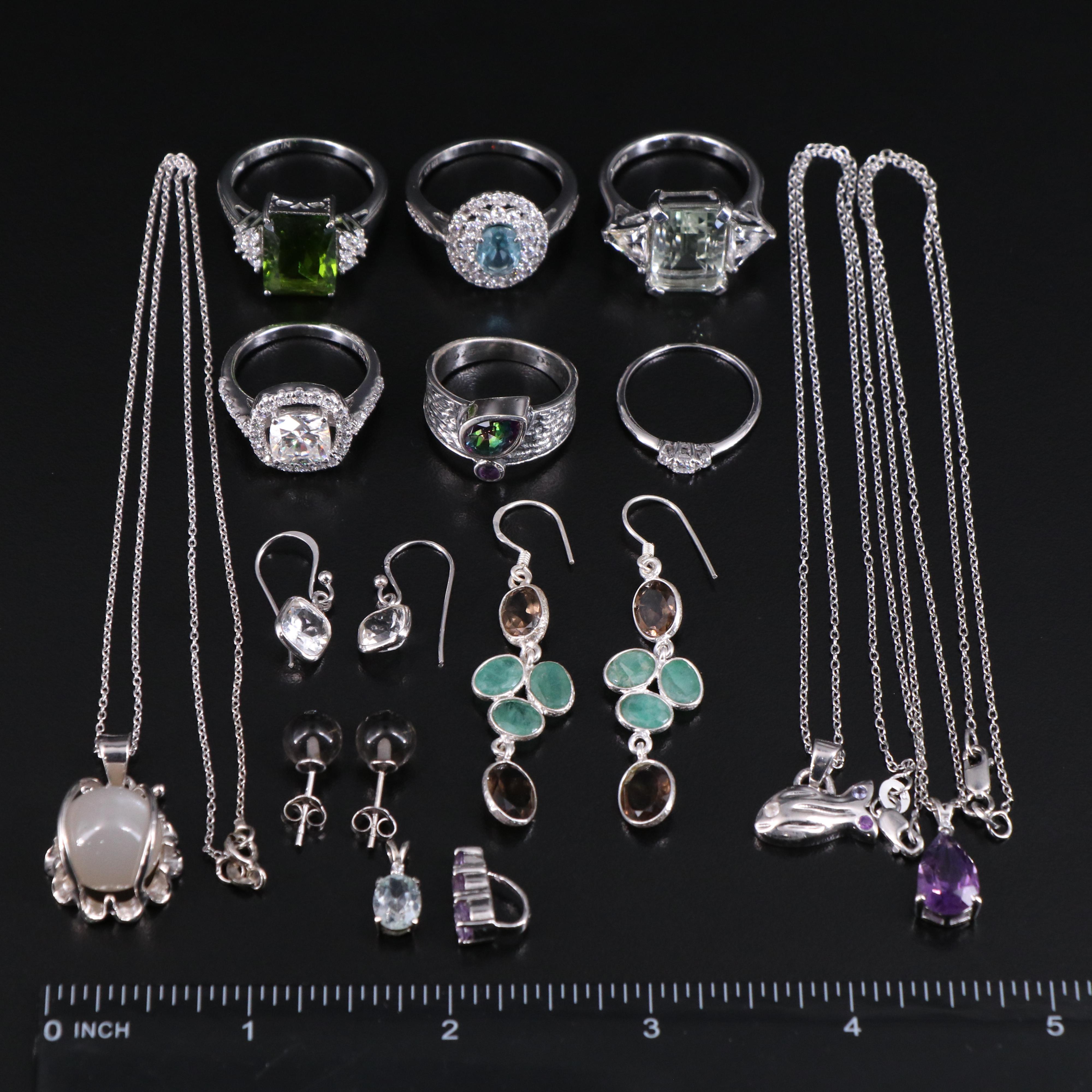 14 Assorted Sterling Silver Rings, Necklaces, Earrings, and Pendants