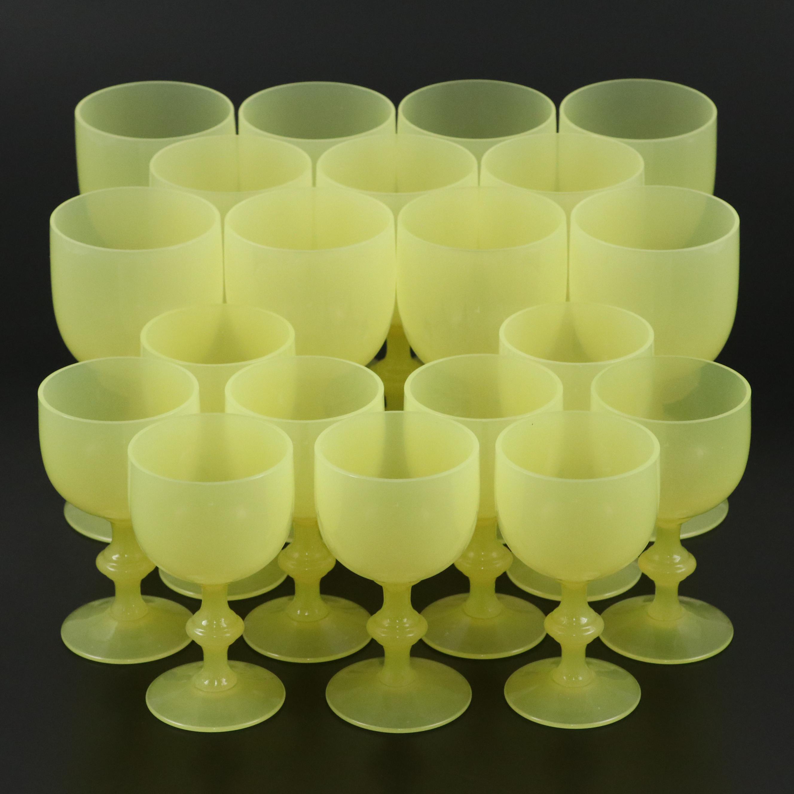 Vallerysthal Portieux Vaseline Glass Water Goblets and Wine Glasses