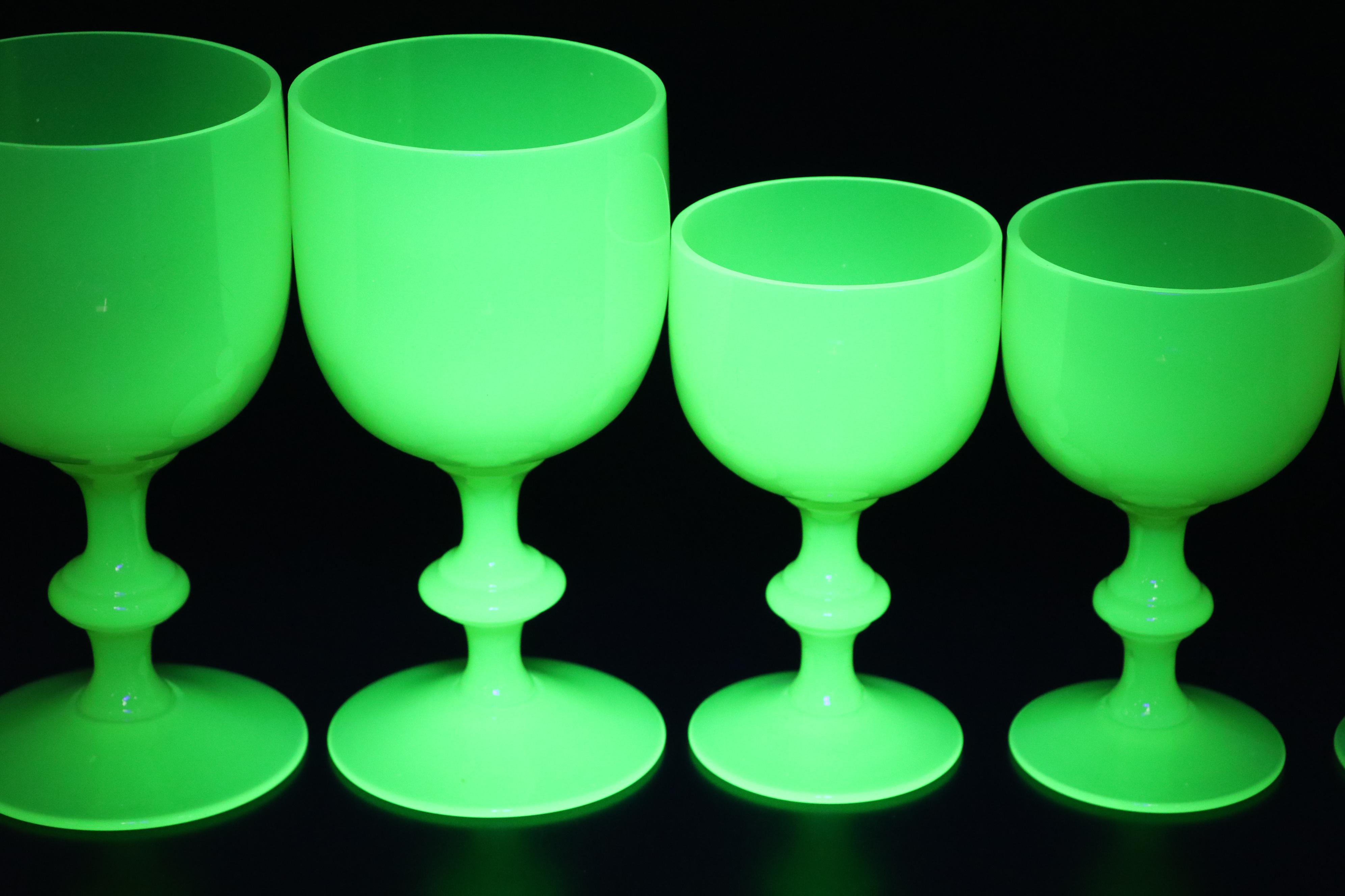 Vallerysthal Portieux Vaseline Glass Water Goblets and Wine Glasses