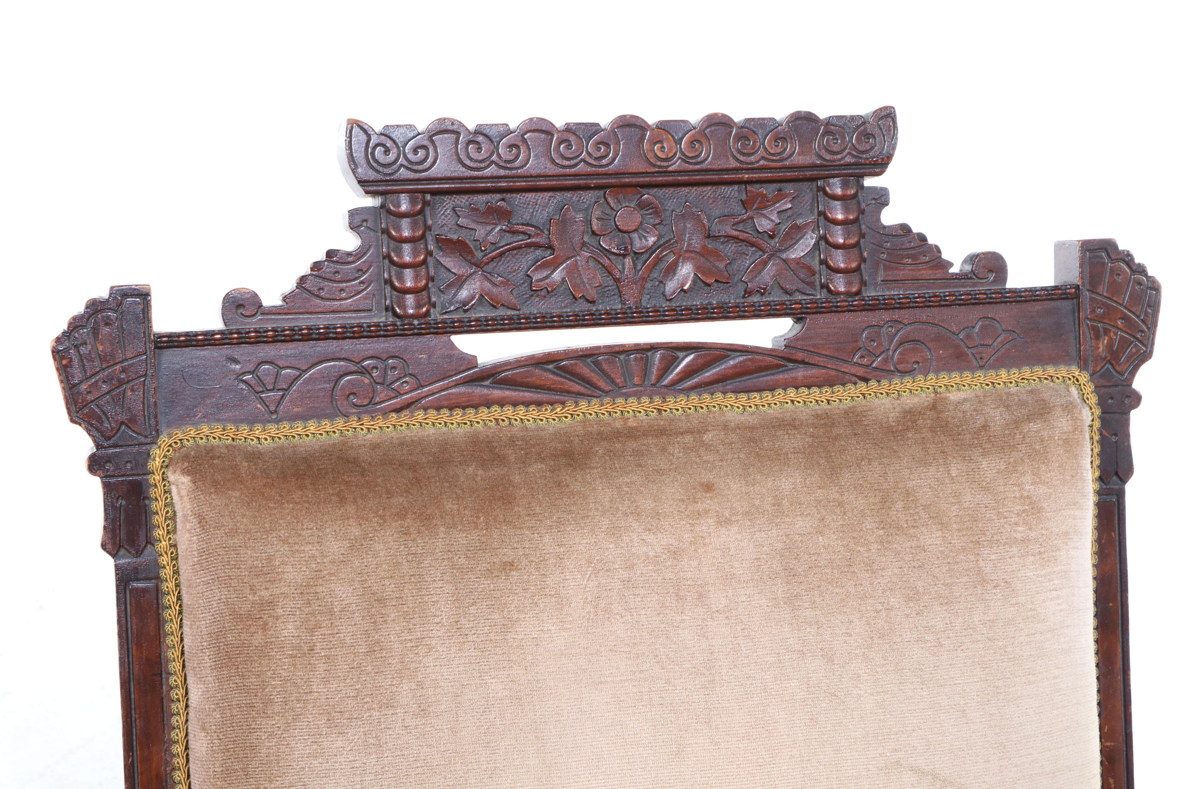 Eastlake Style Carved Walnut and Velvet Upholstered Spring Rocking Chair