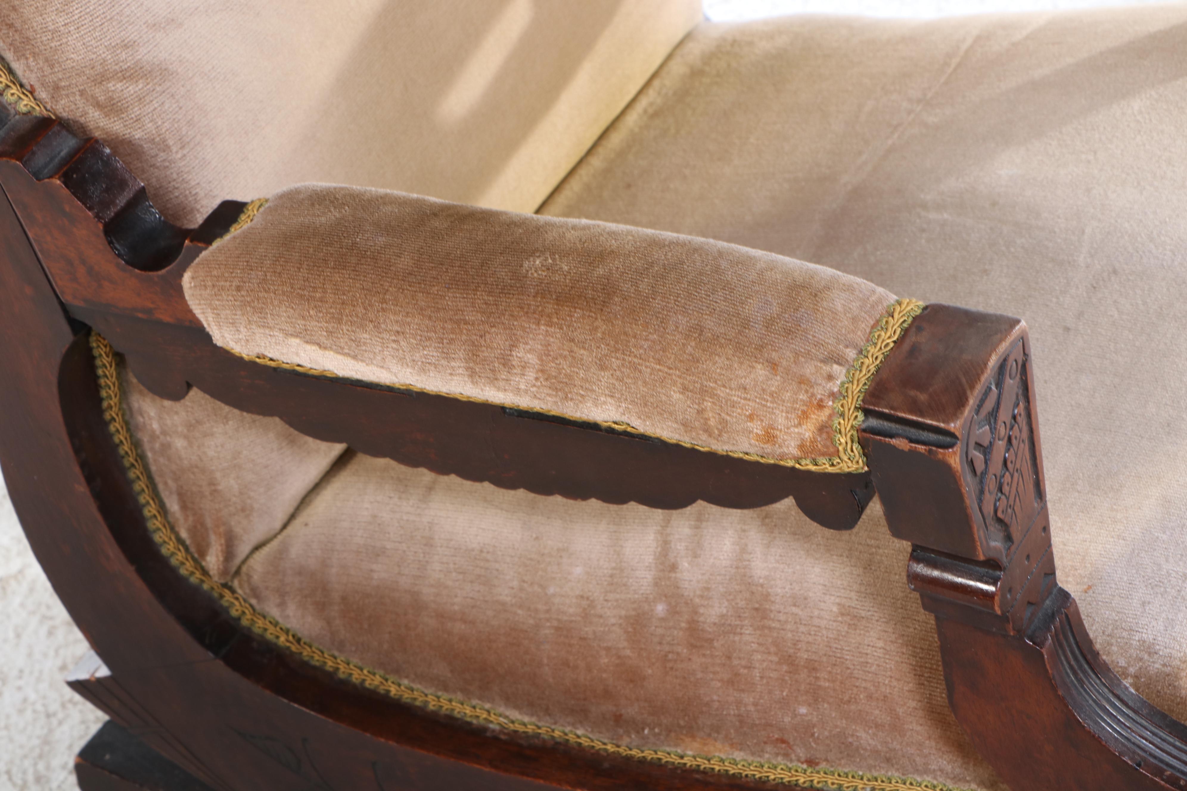 Eastlake Style Carved Walnut and Velvet Upholstered Spring Rocking Chair