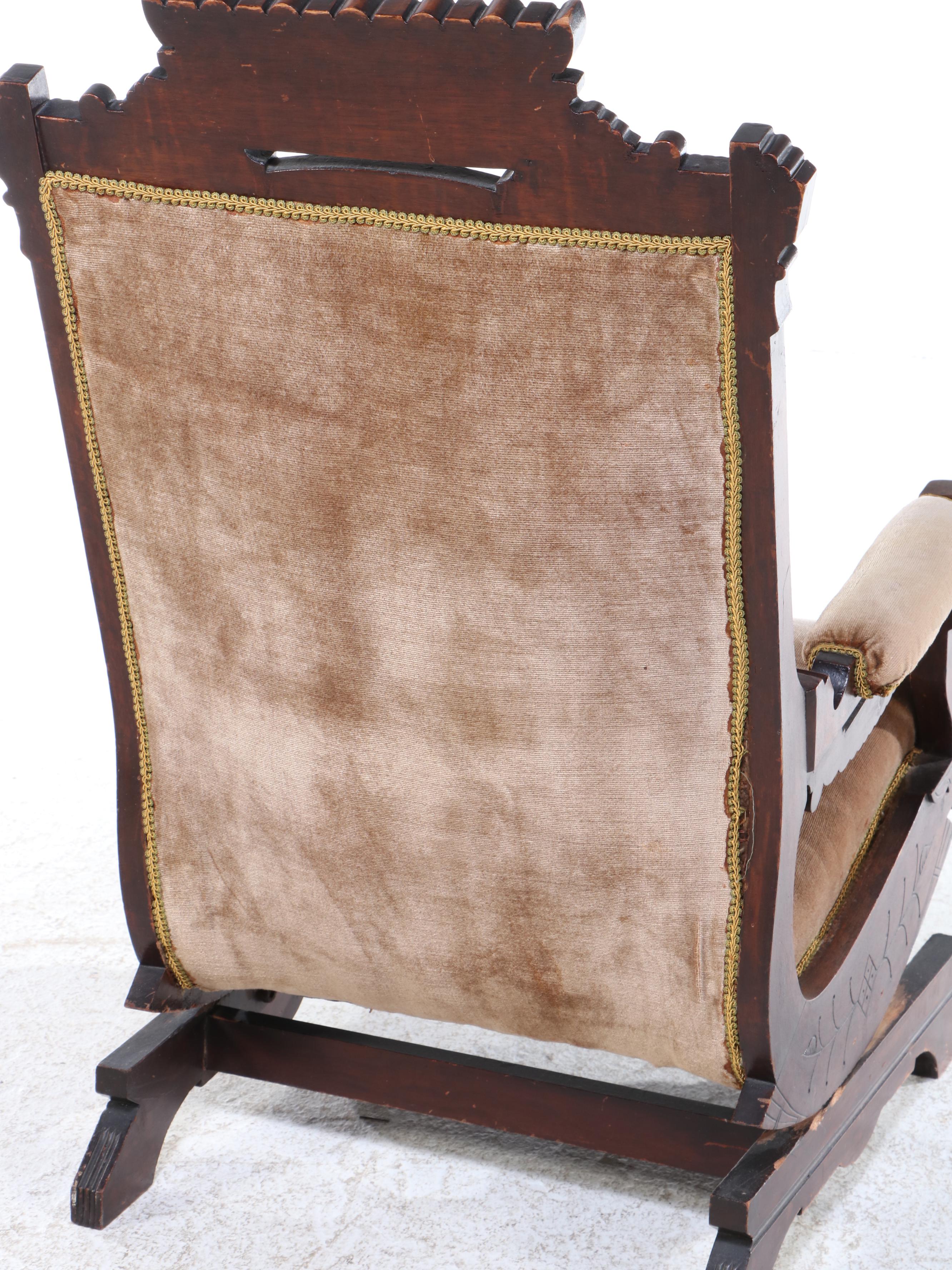 Eastlake Style Carved Walnut and Velvet Upholstered Spring Rocking Chair