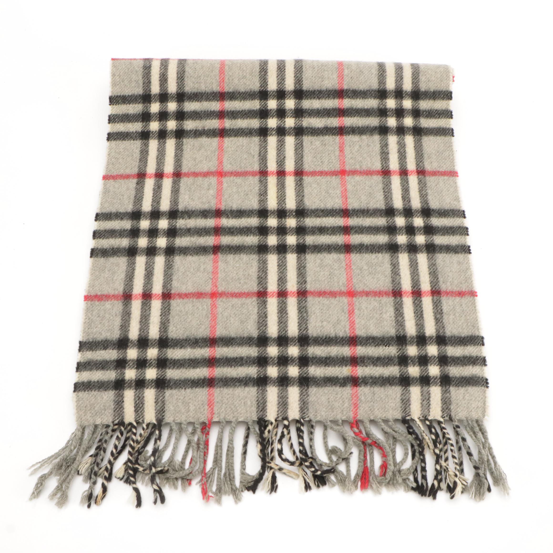 Burberrys Grey House Check Cashmere Fringe Scarf