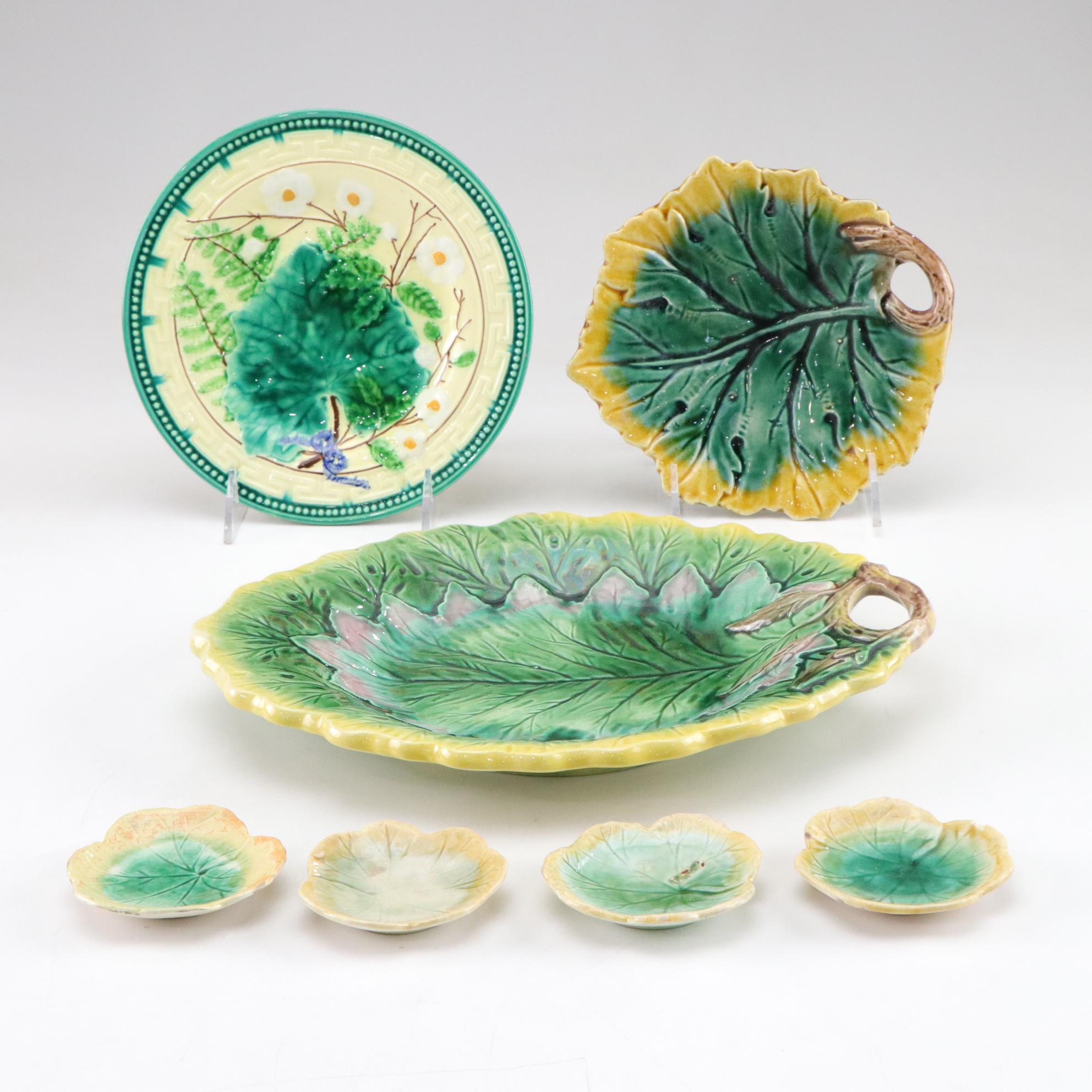 Majolica Leaf Salt Cellars, Plates & Serving Plate