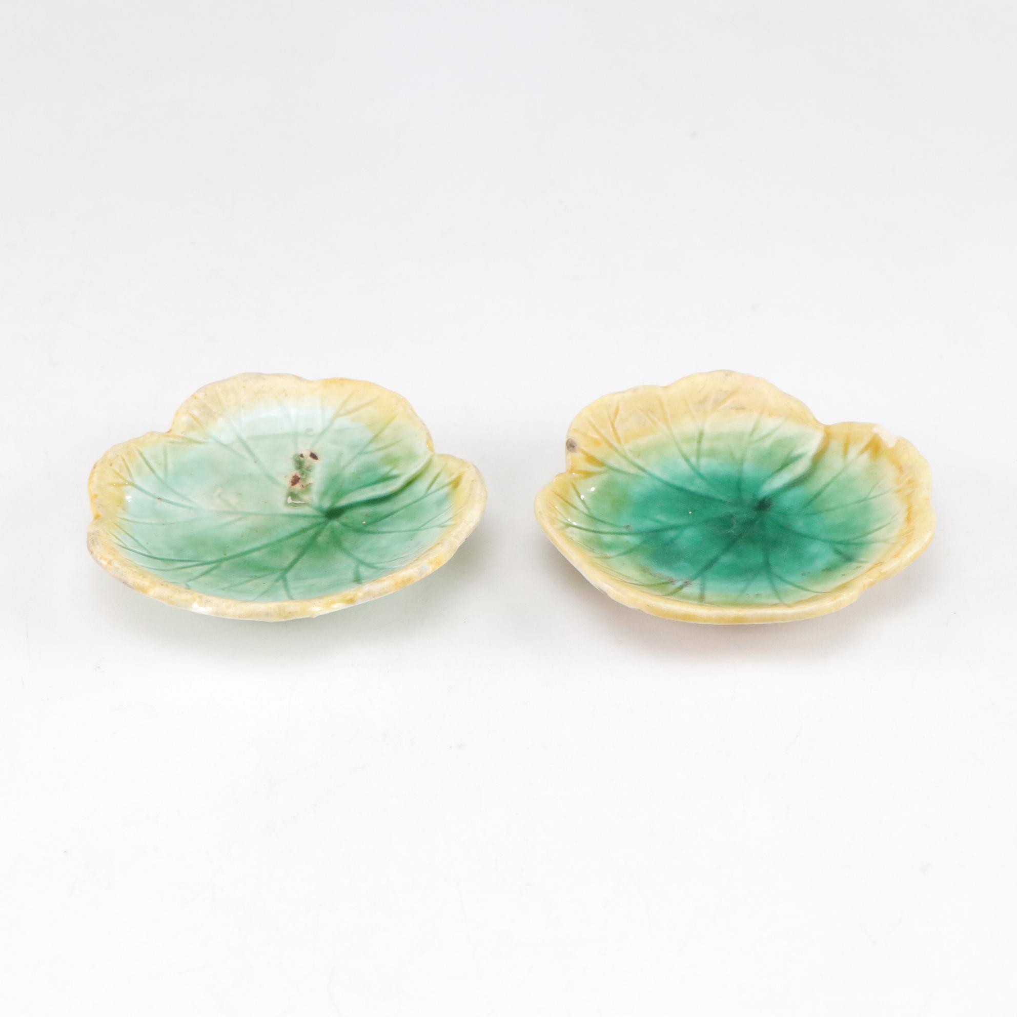 Majolica Leaf Salt Cellars, Plates & Serving Plate