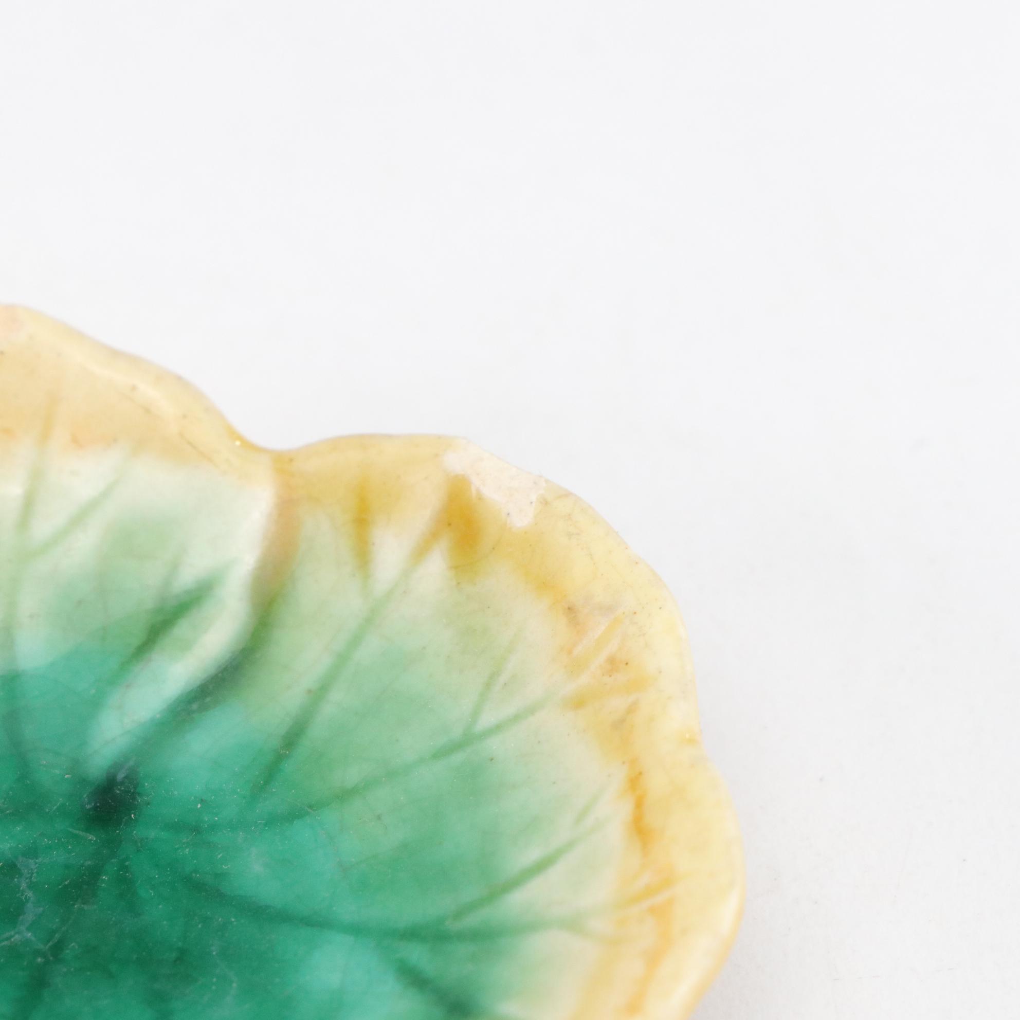 Majolica Leaf Salt Cellars, Plates & Serving Plate