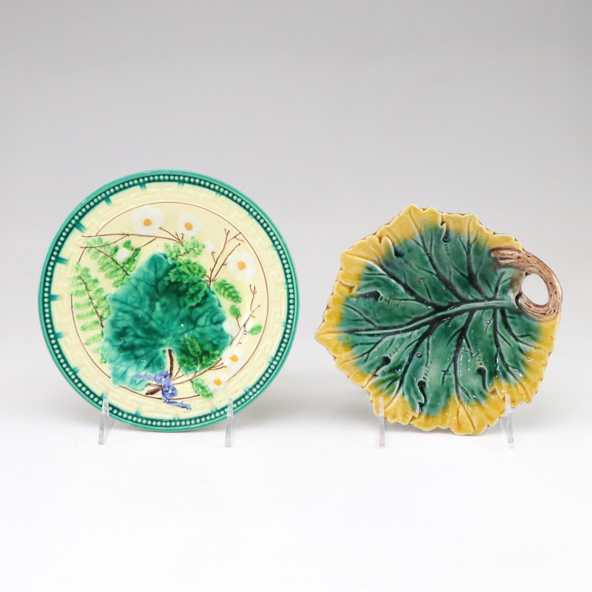 Majolica Leaf Salt Cellars, Plates & Serving Plate