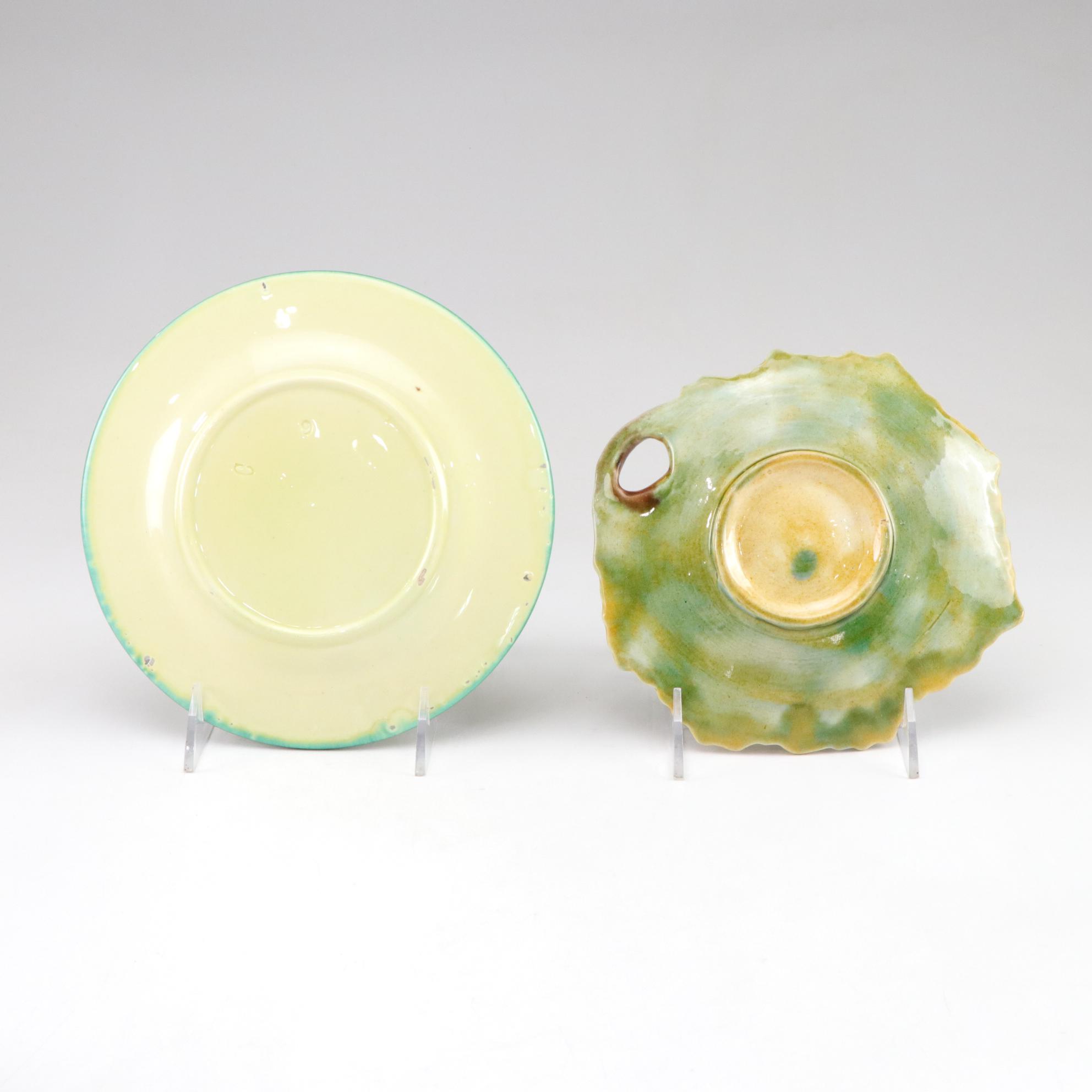 Majolica Leaf Salt Cellars, Plates & Serving Plate