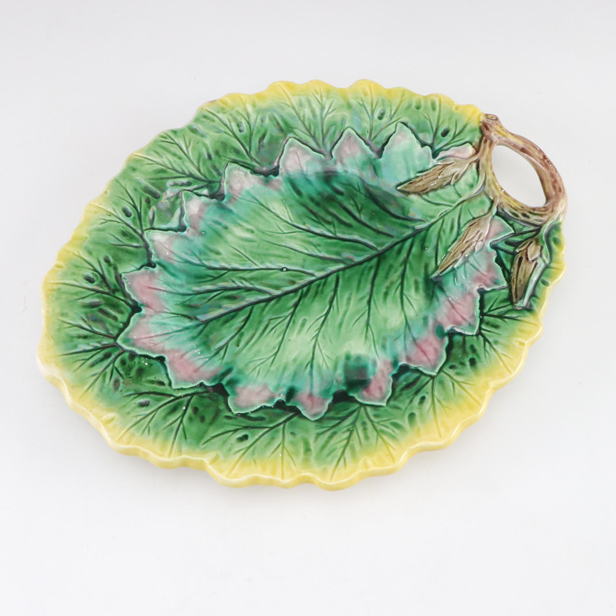 Majolica Leaf Salt Cellars, Plates & Serving Plate