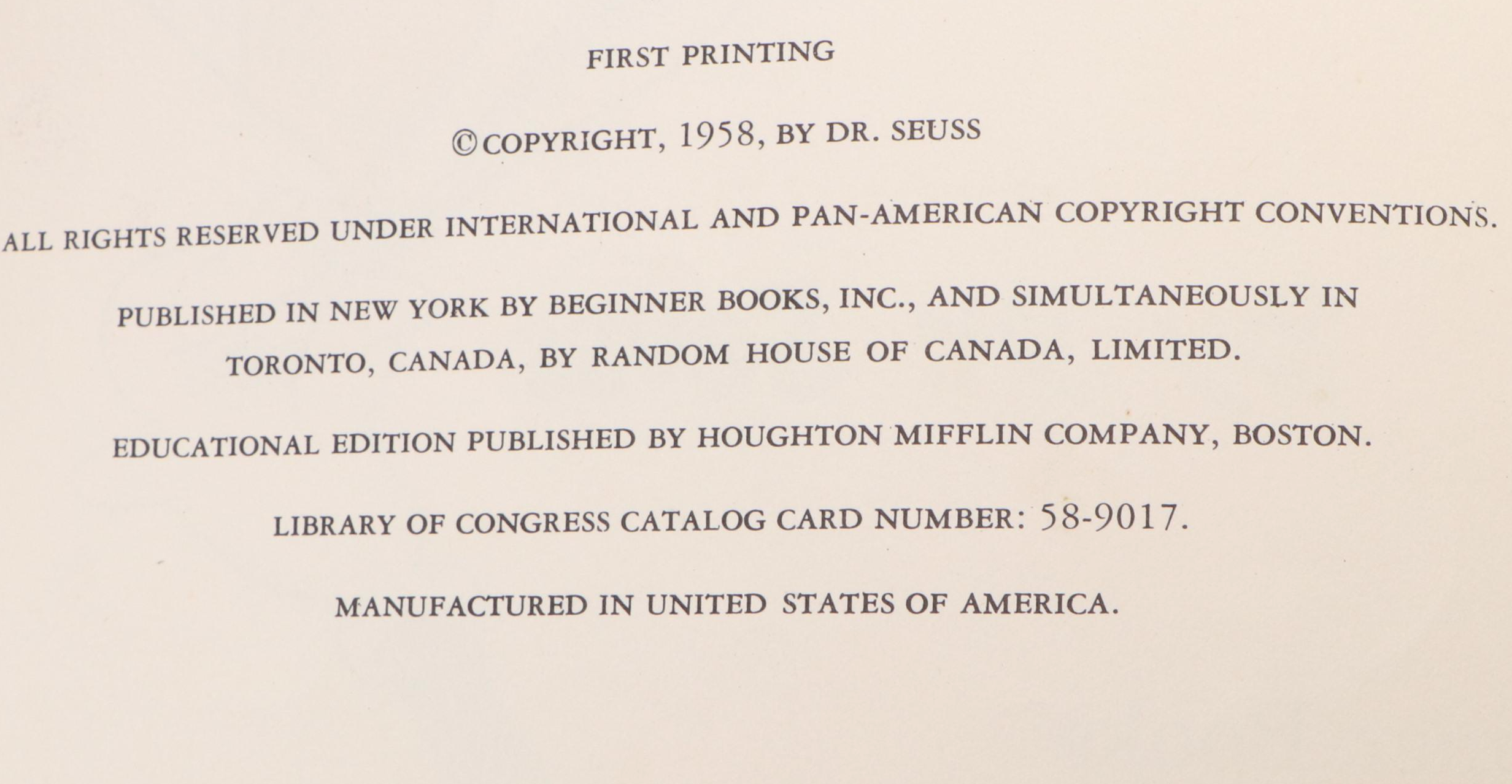 First Printing "The Cat in the Hat Comes Back" by Dr. Seuss, 1958