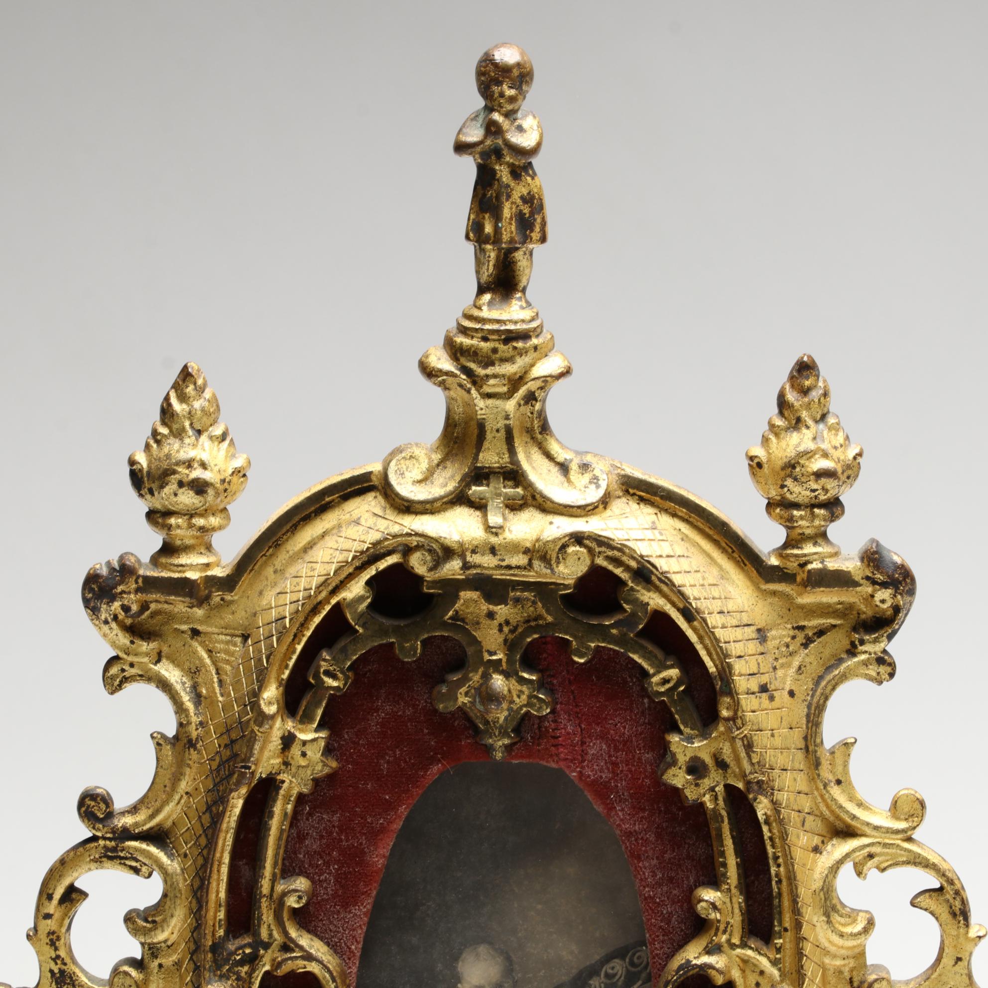 Rococo Style Gilt Cast Iron and Velvet Tabletop Picture Frame
