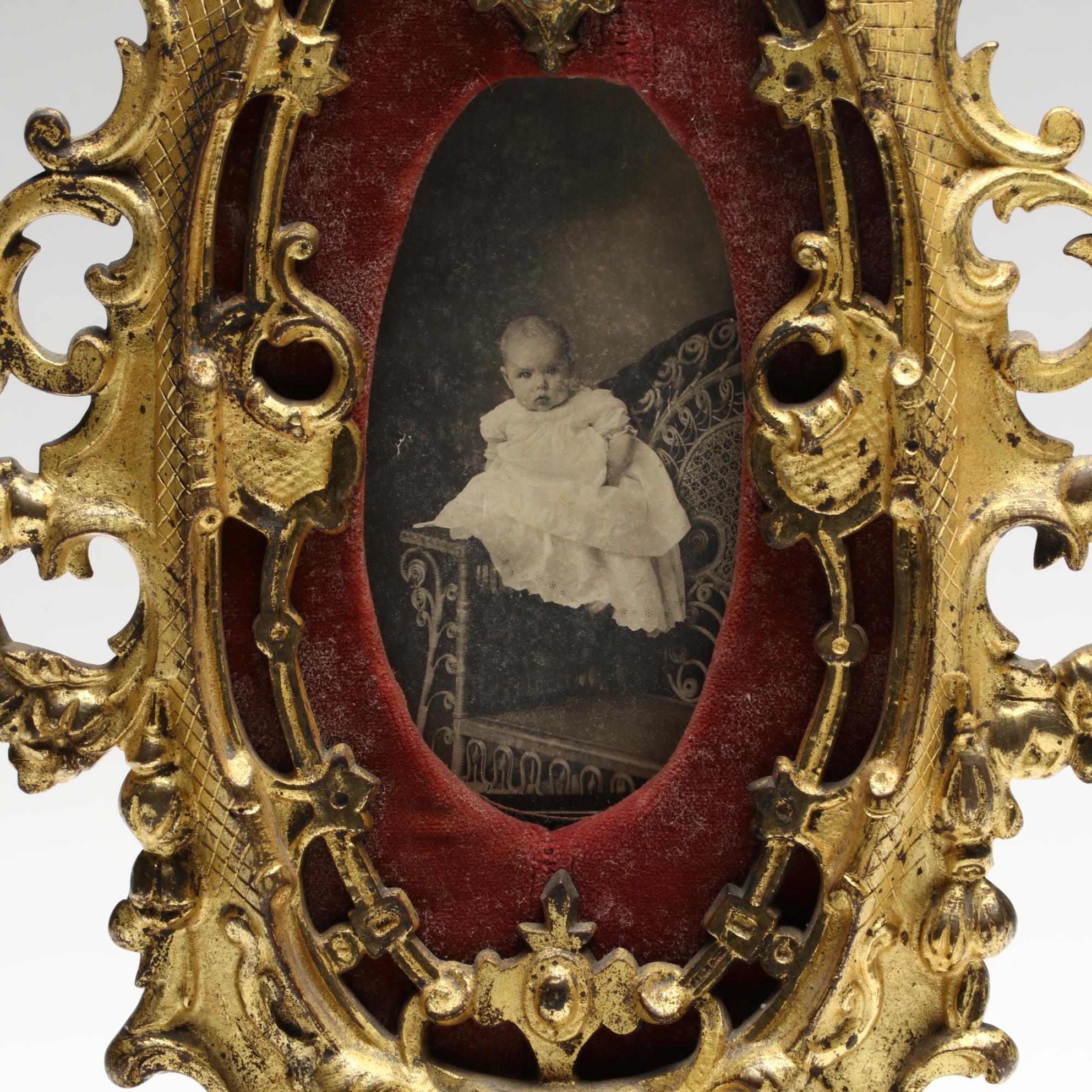 Rococo Style Gilt Cast Iron and Velvet Tabletop Picture Frame