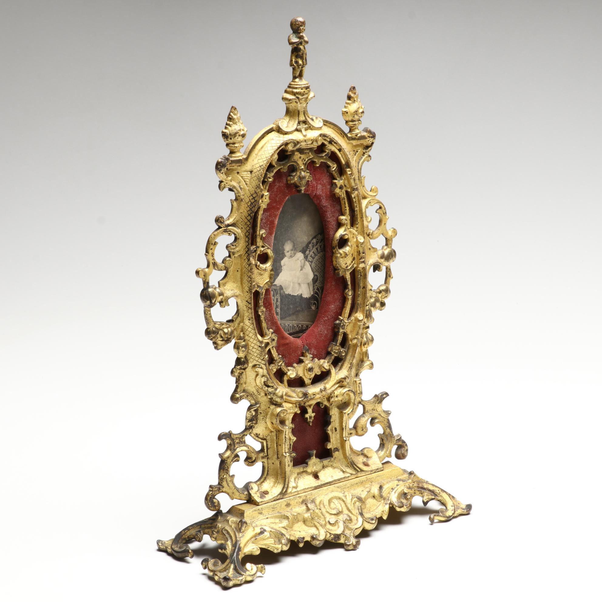 Rococo Style Gilt Cast Iron and Velvet Tabletop Picture Frame