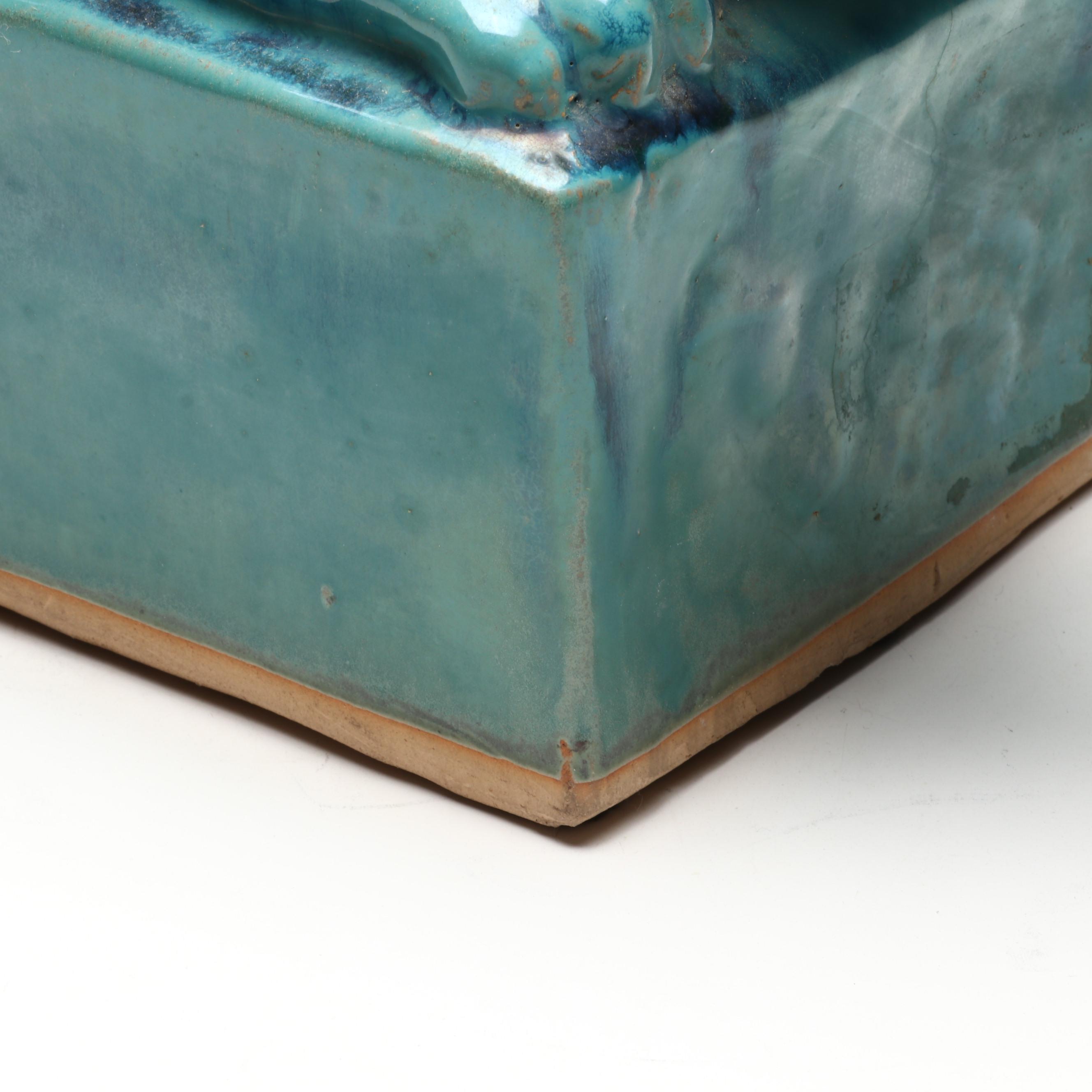 Blue Glazed Ceramic Crouching Cat Figurine