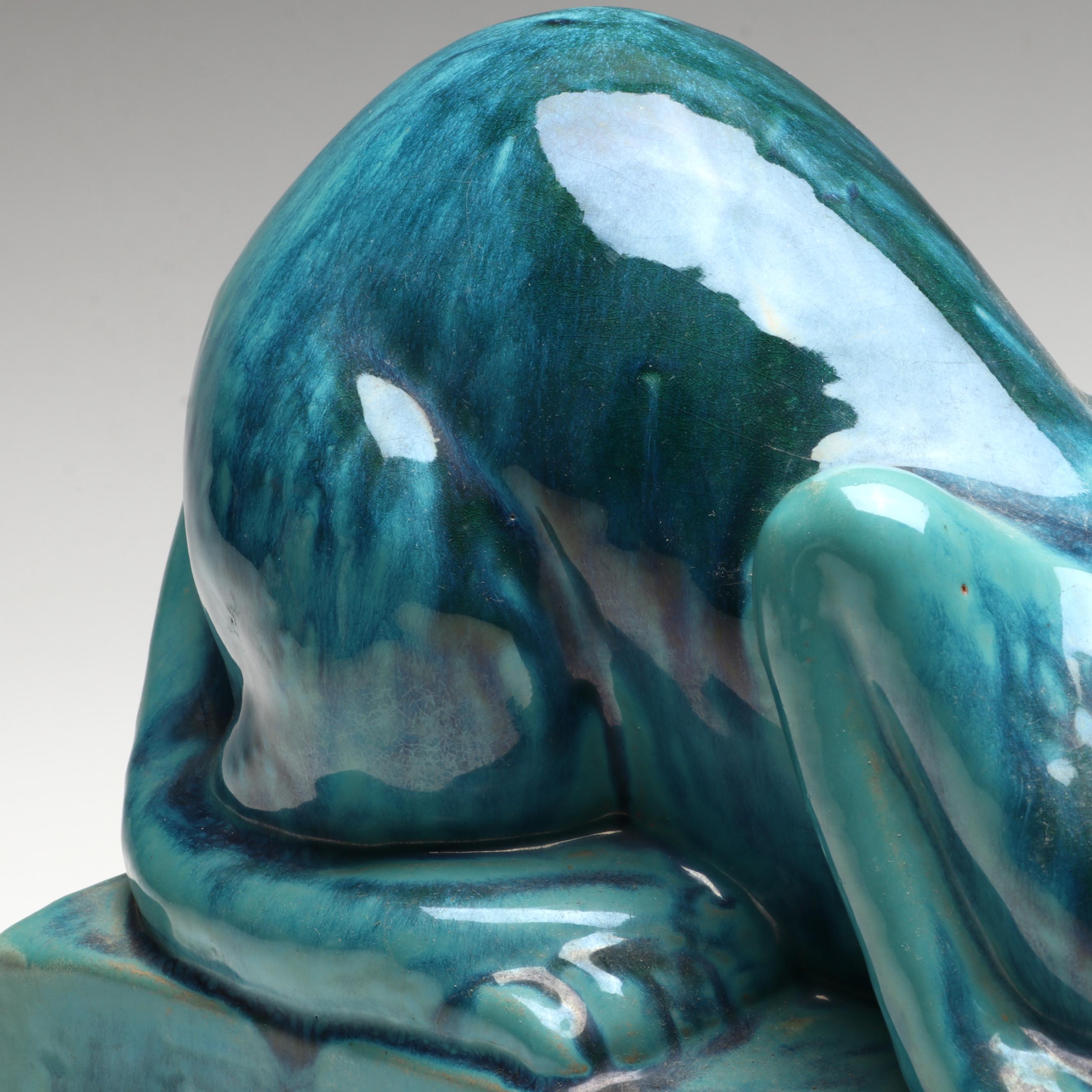 Blue Glazed Ceramic Crouching Cat Figurine