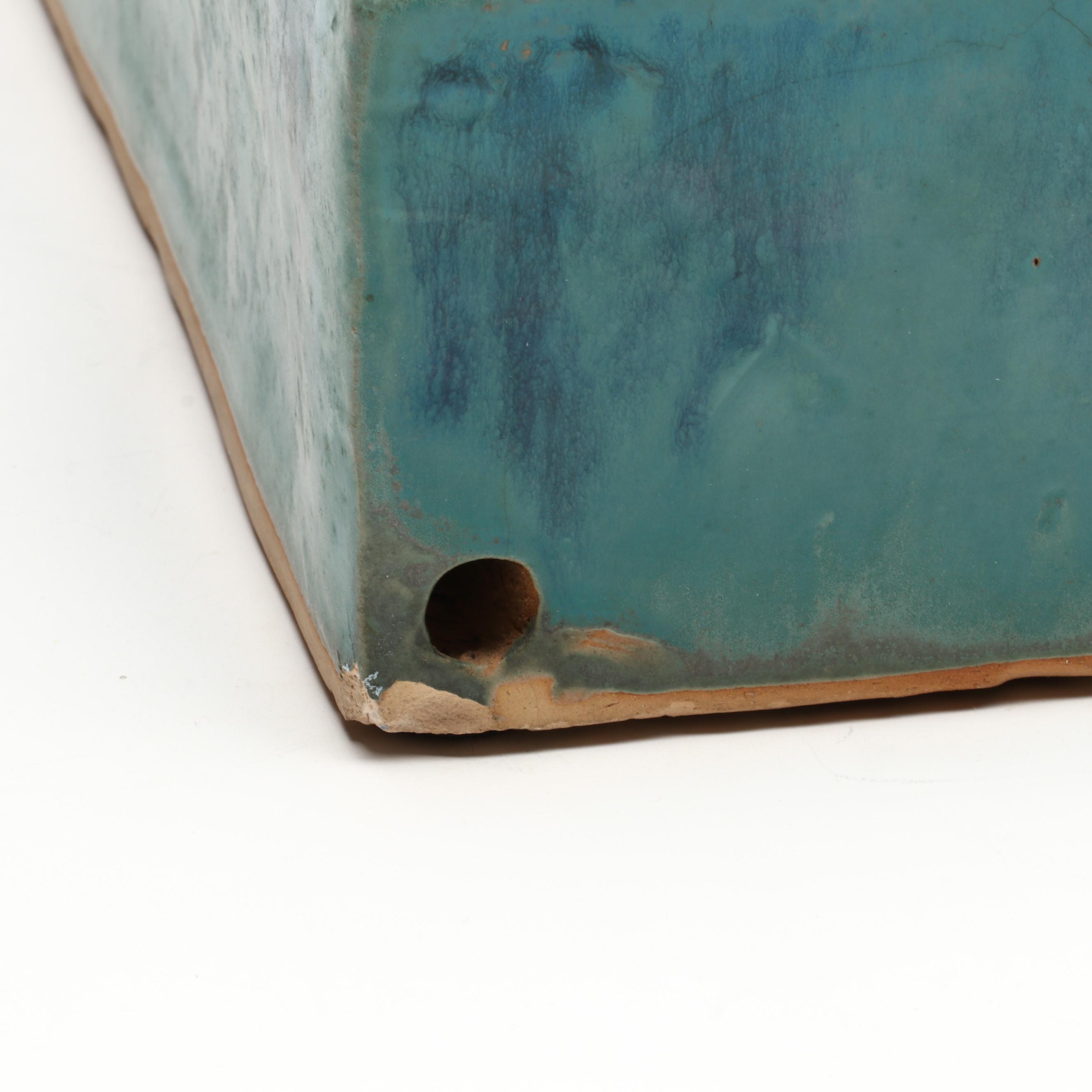 Blue Glazed Ceramic Crouching Cat Figurine